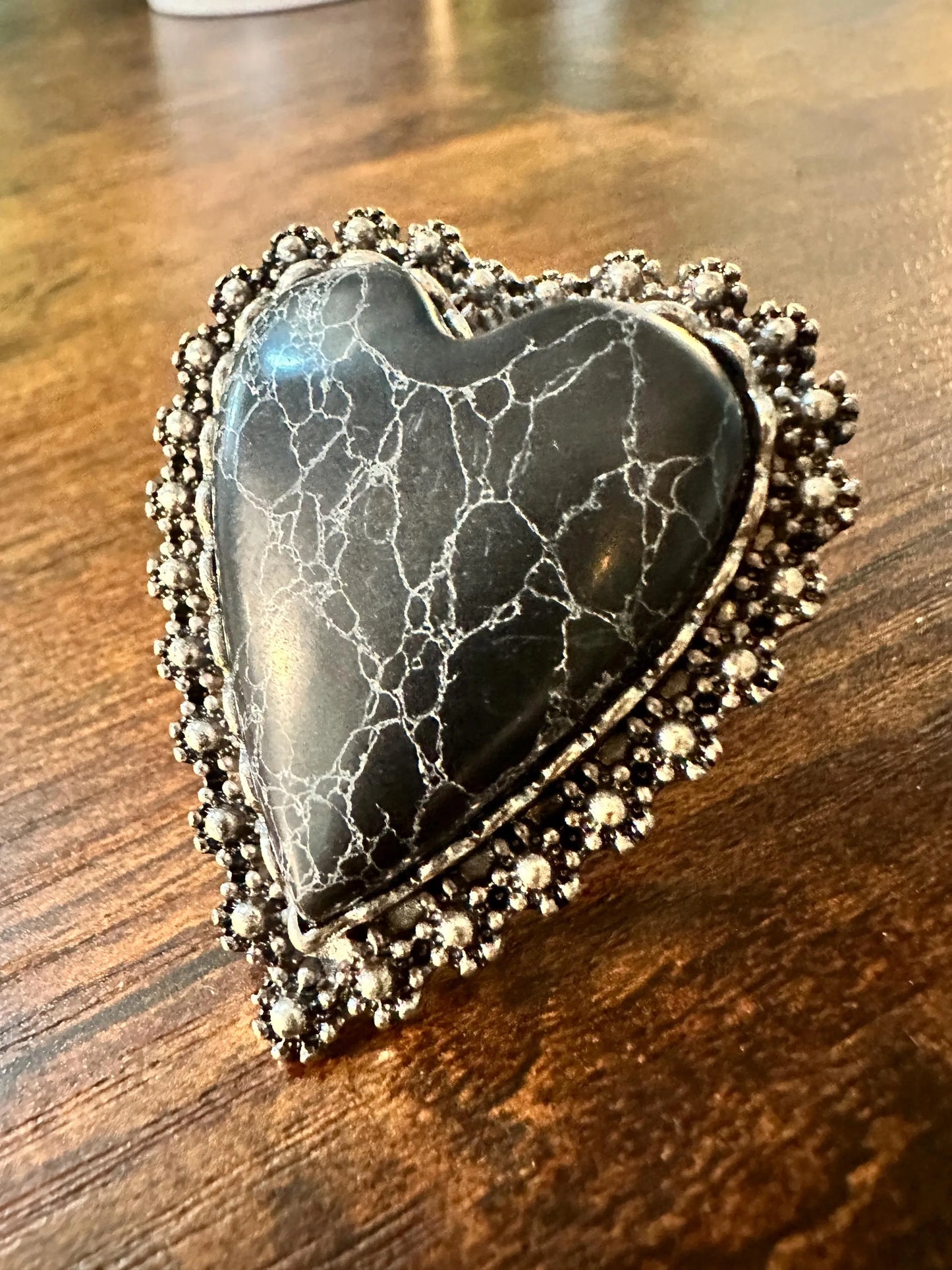 Statement Black Onyx Heart Cuff Ring, Oversized Western Heart Ring, Statement Ring, Adjustable Ring - Boho Hippie Black Onyx Ring, Gift Box - Silver Elegant