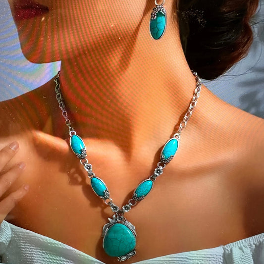 Bohemian Chic Turquoise Necklace and Earrings, Vintage Boho Set, Gift Box - Silver Elegant