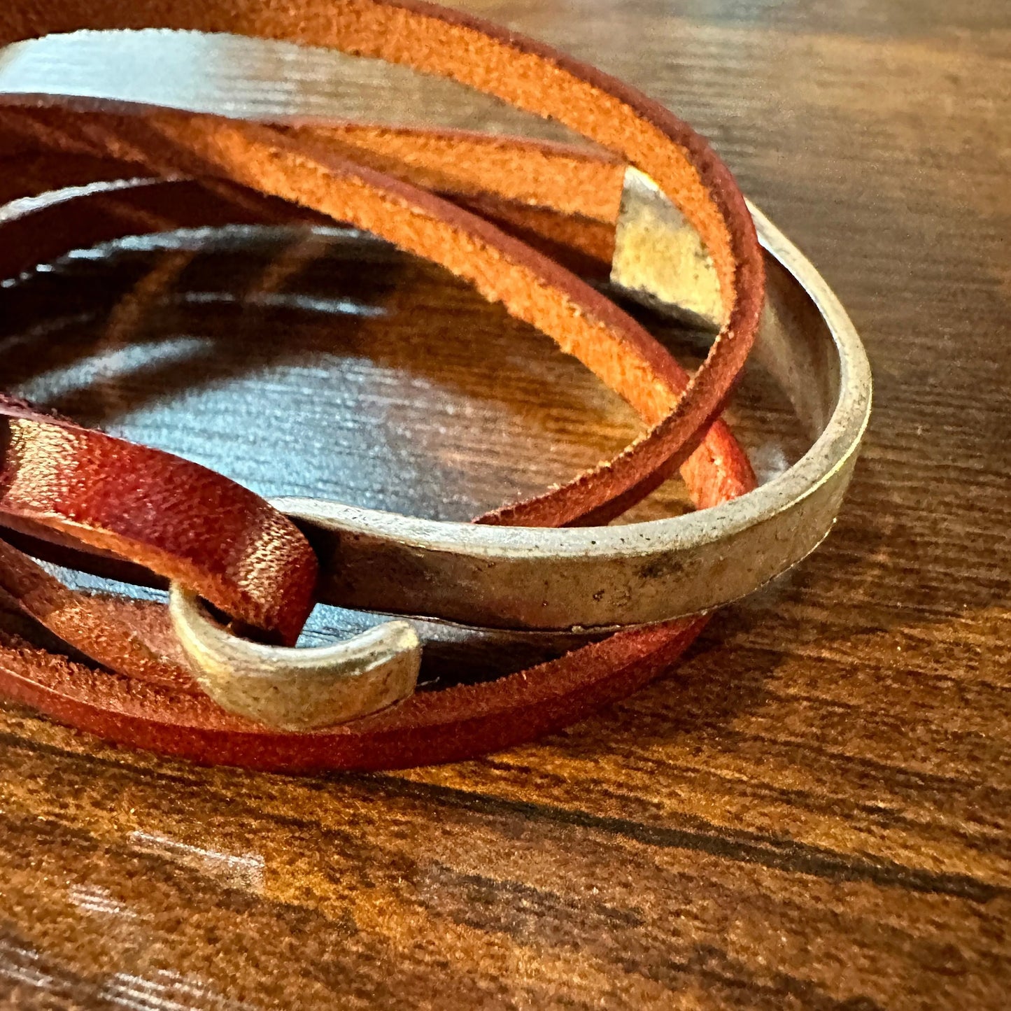 Brown Leather Flower Bracelet, Double Wrap, Boho Flower Leather Bracelet, Gift Box - Silver Elegant