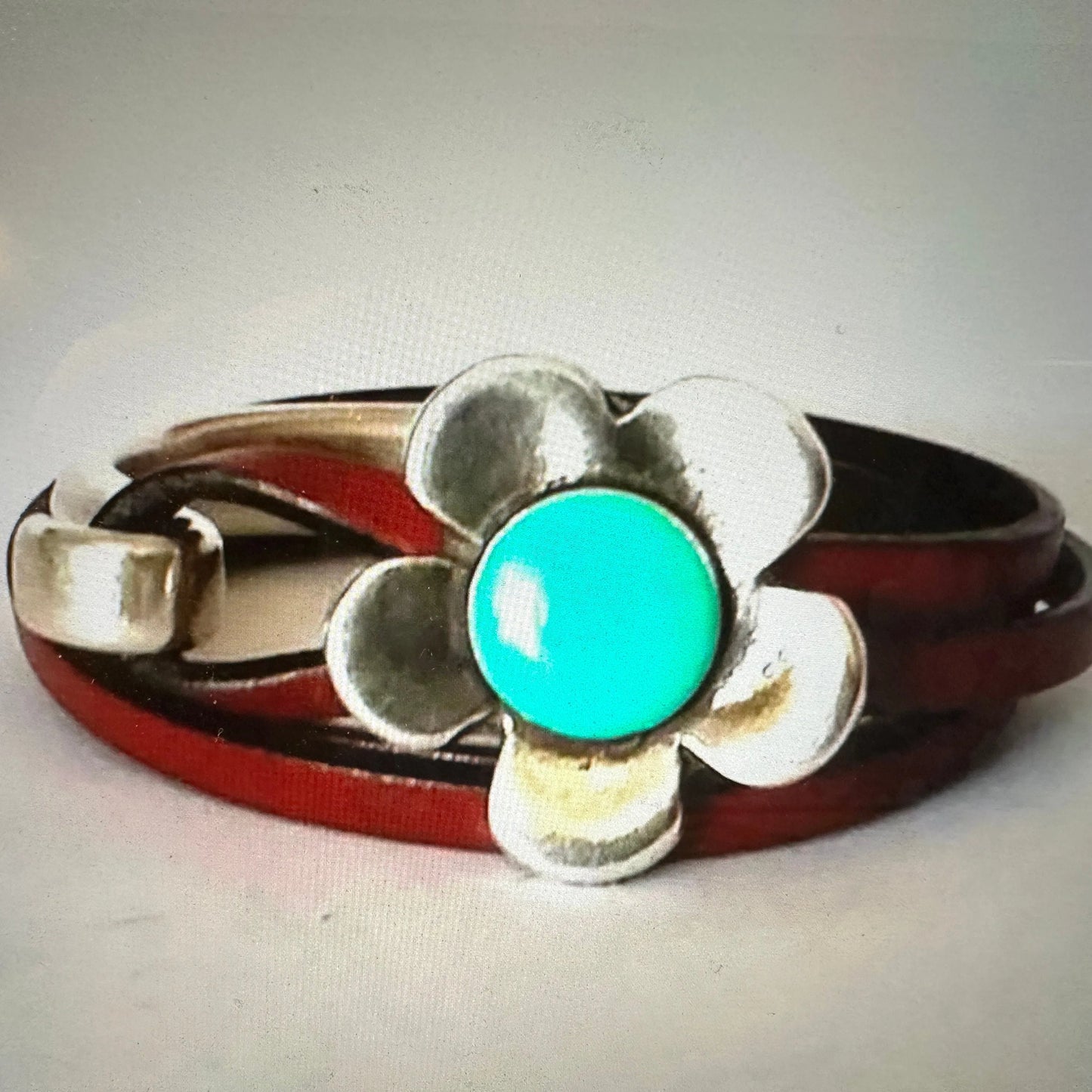 Brown Leather Flower Bracelet, Double Wrap, Boho Flower Leather Bracelet, Gift Box - Silver Elegant