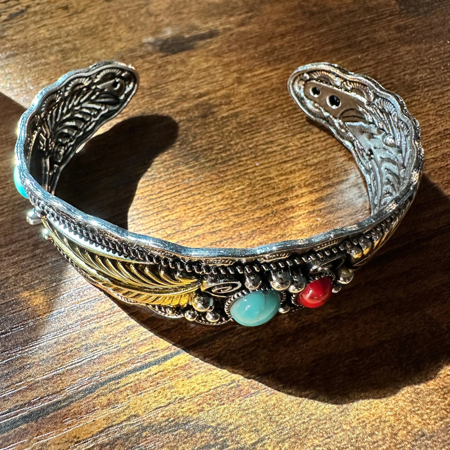 Handcrafted Boho Western Turquoise Coral Feather Cuff Bracelet, Gift Box - Silver Elegant