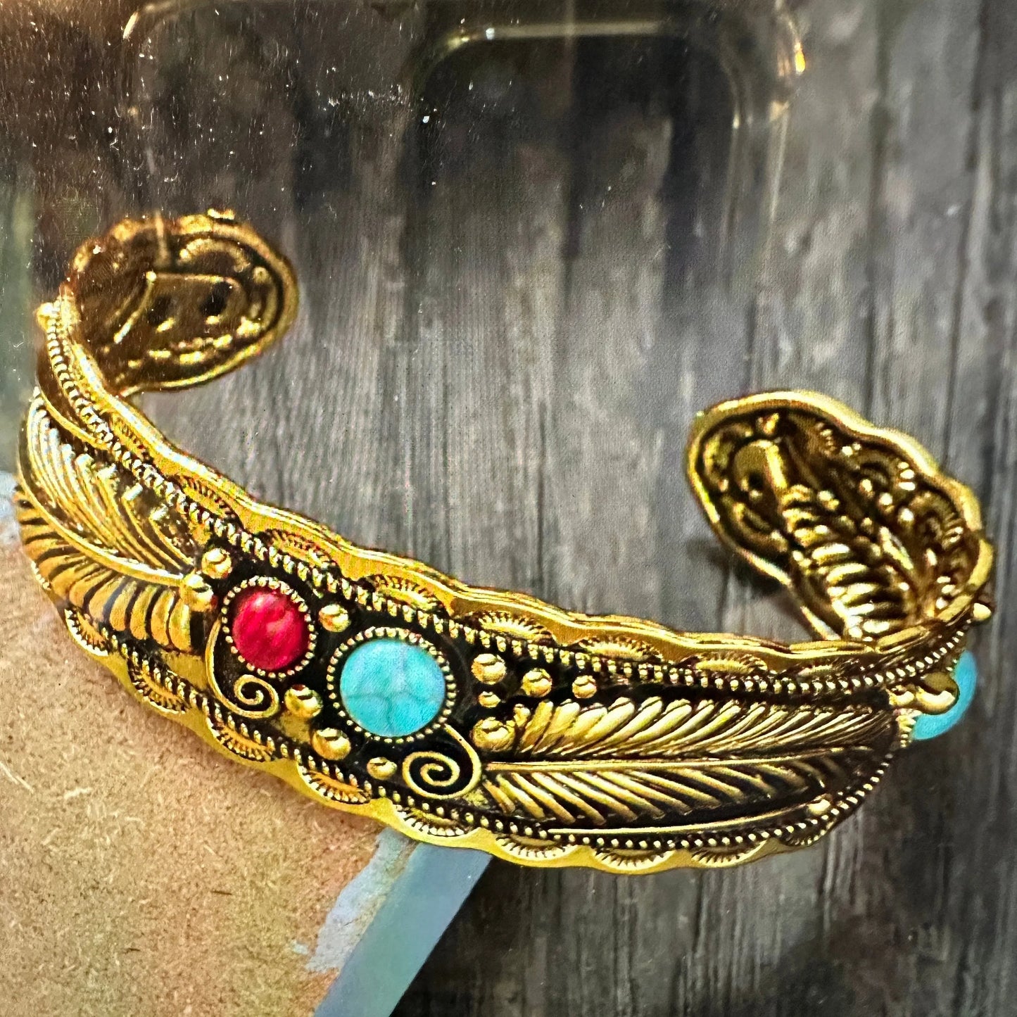 Handcrafted Boho Native American Bracelet, Gold Plated Turquoise and Coral Stone Cuff, Gift Box - Silver Elegant