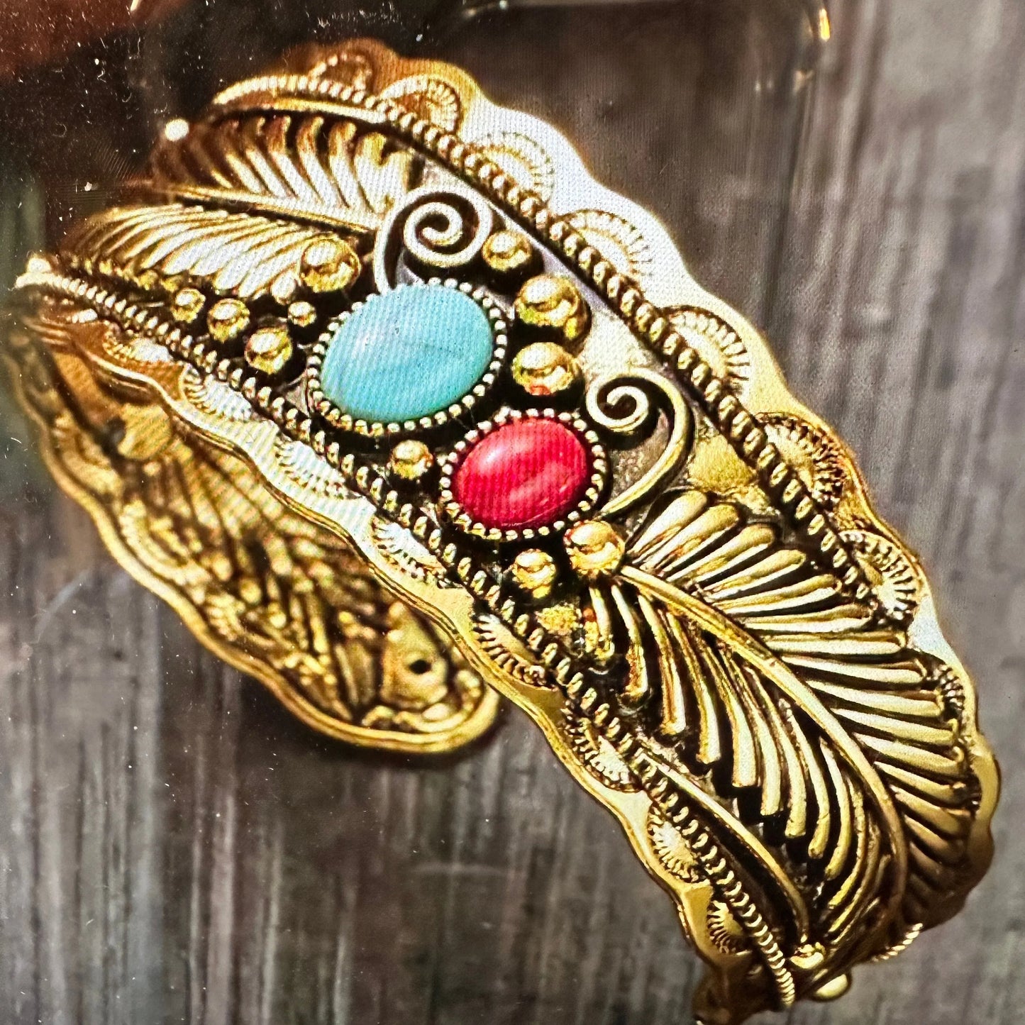 Handcrafted Boho Native American Bracelet, Gold Plated Turquoise and Coral Stone Cuff, Gift Box - Silver Elegant