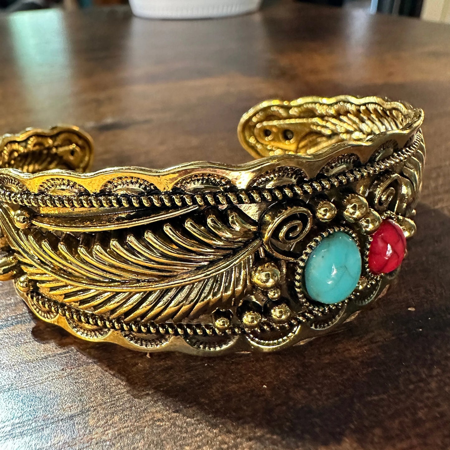 Handcrafted Boho Native American Bracelet, Gold Plated Turquoise and Coral Stone Cuff, Gift Box - Silver Elegant