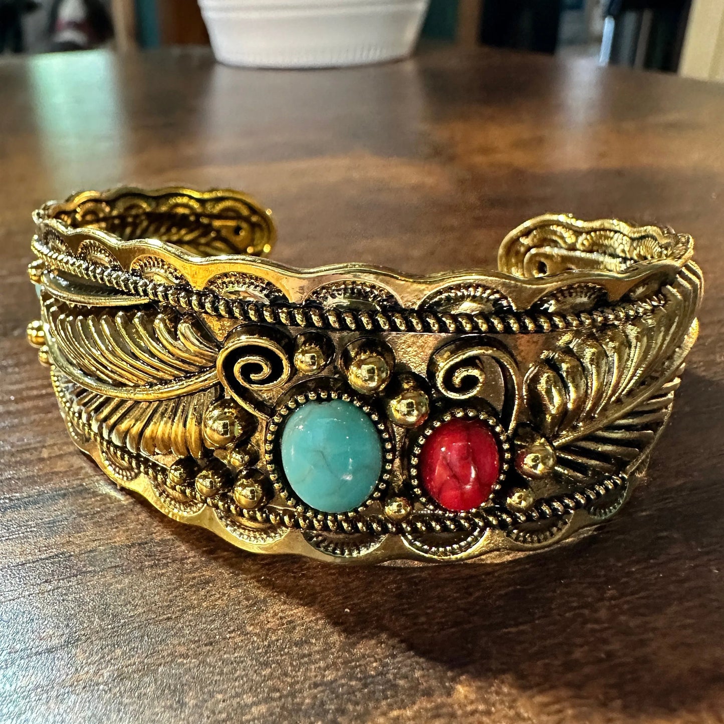 Handcrafted Boho Native American Bracelet, Gold Plated Turquoise and Coral Stone Cuff, Gift Box - Silver Elegant