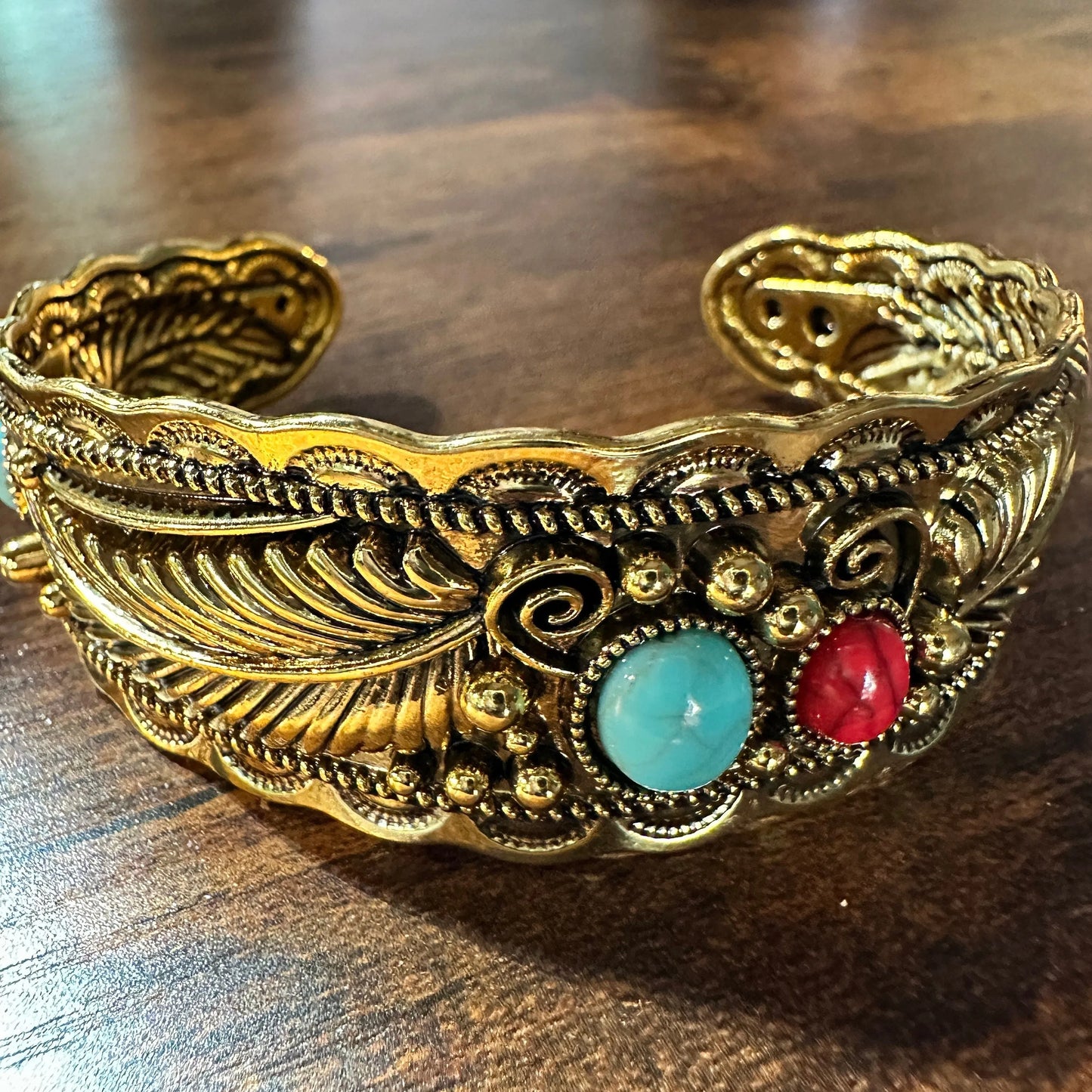 Handcrafted Boho Native American Bracelet, Gold Plated Turquoise and Coral Stone Cuff, Gift Box - Silver Elegant