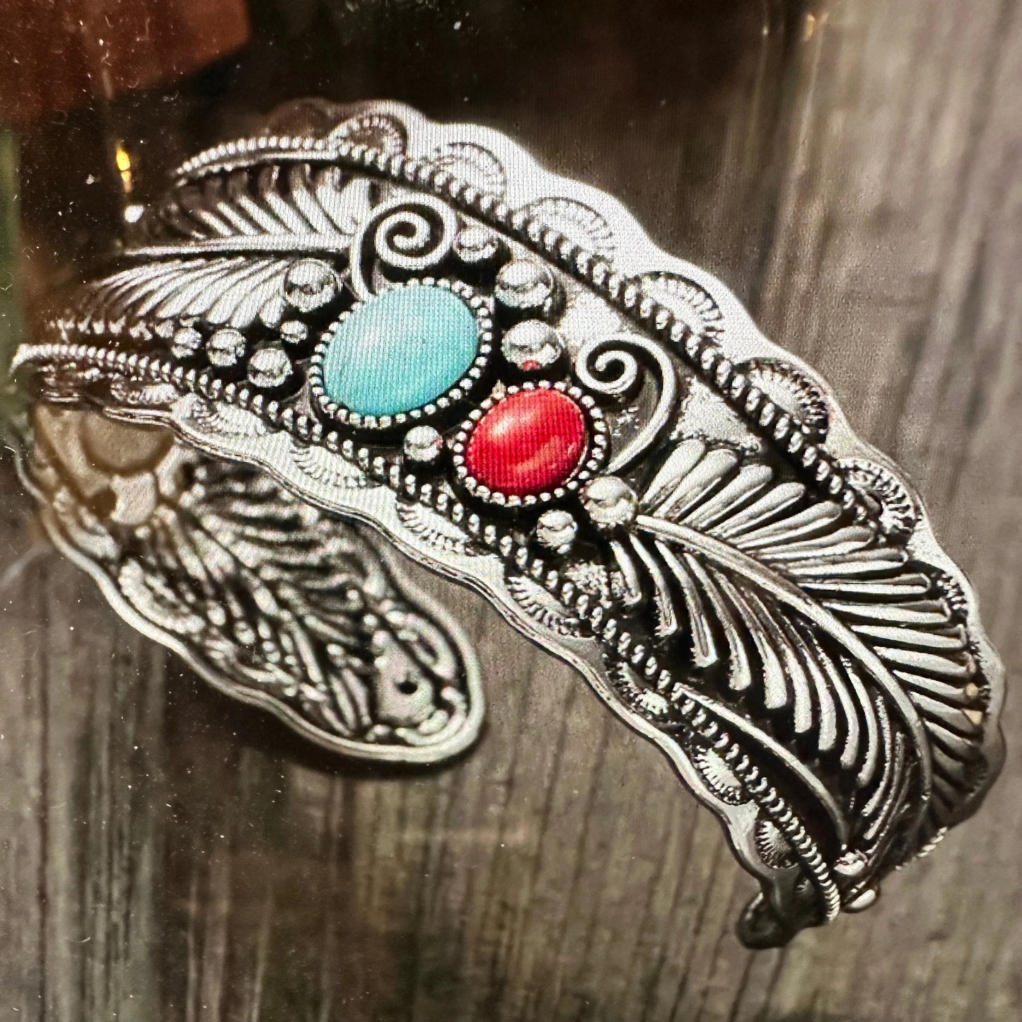 Handcrafted Boho Native American Turquoise Coral Stone Bracelet, Gift Box - Silver Elegant