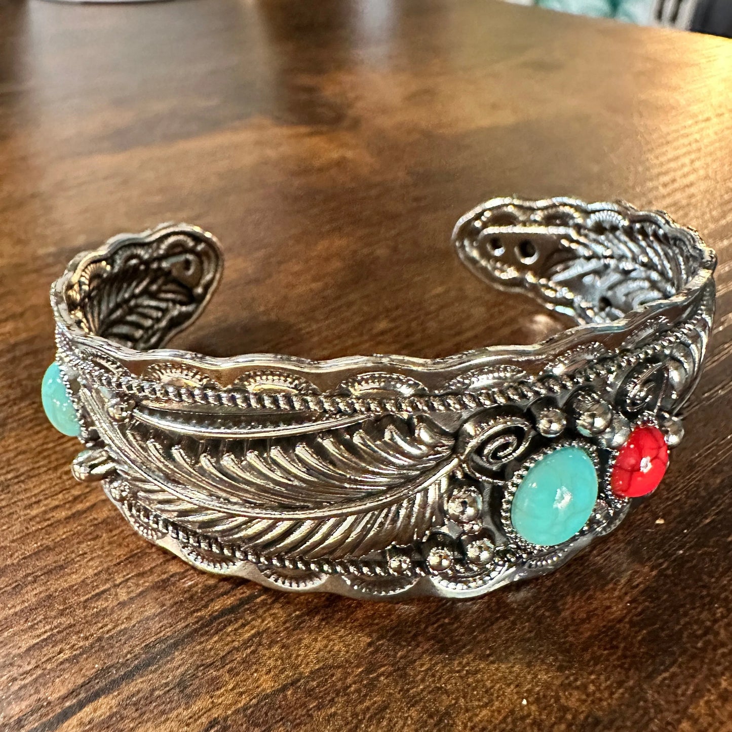 Handcrafted Boho Native American Turquoise Coral Stone Bracelet, Gift Box - Silver Elegant