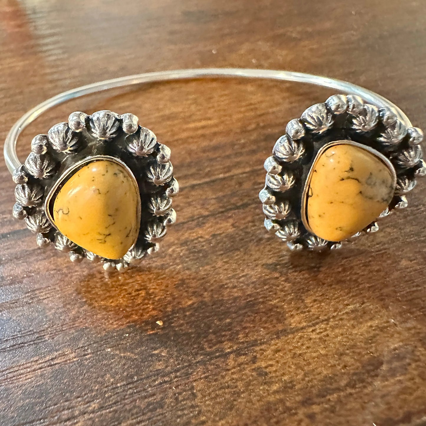 Handcrafted Boho Western Lacey Open Bangle, Yellow or Coral Stone, Gift Box - Silver Elegant
