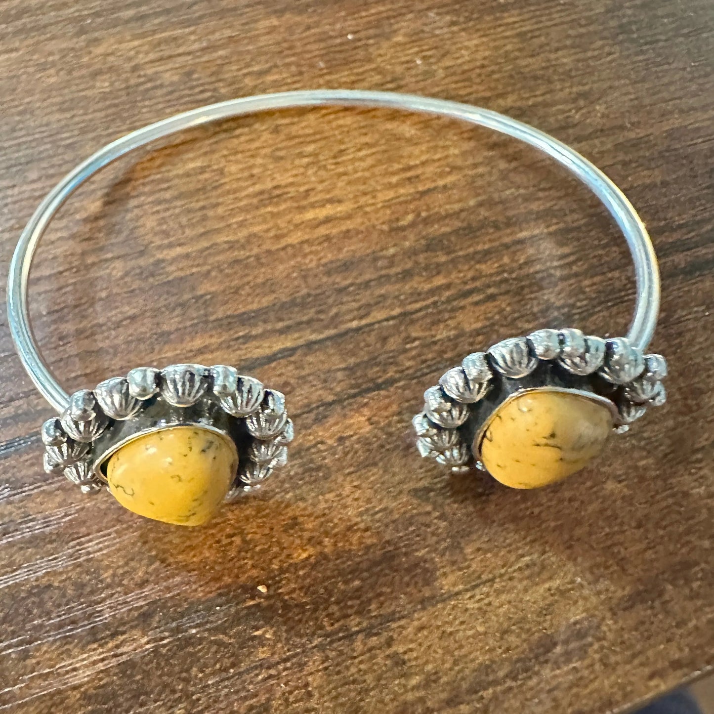 Handcrafted Boho Western Lacey Open Bangle, Yellow or Coral Stone, Gift Box - Silver Elegant