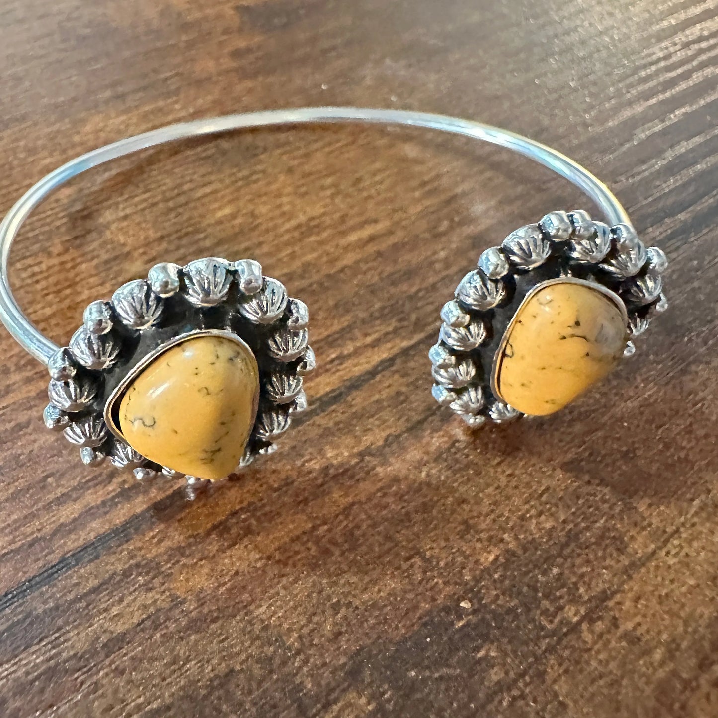 Handcrafted Boho Western Lacey Open Bangle, Yellow or Coral Stone, Gift Box - Silver Elegant