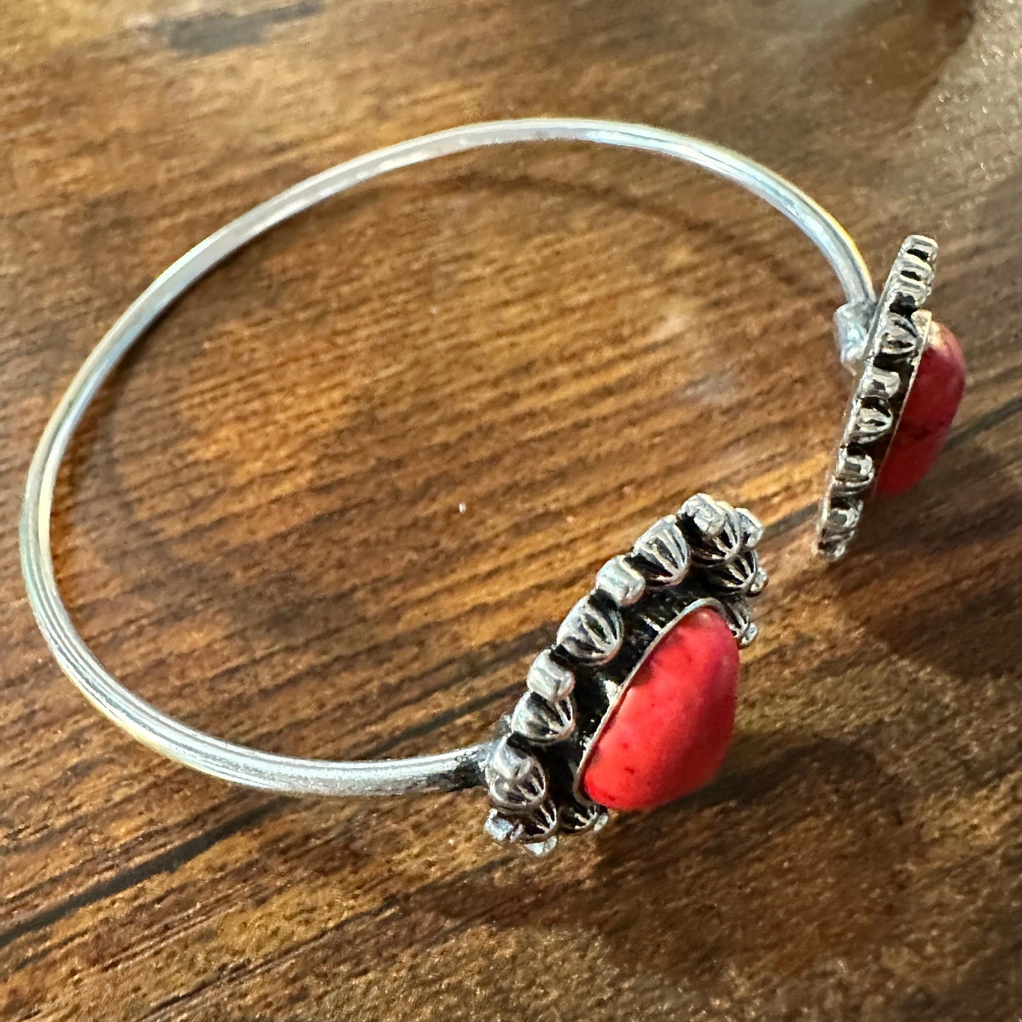 Handcrafted Boho Western Lacey Open Bangle, Yellow or Coral Stone, Gift Box - Silver Elegant