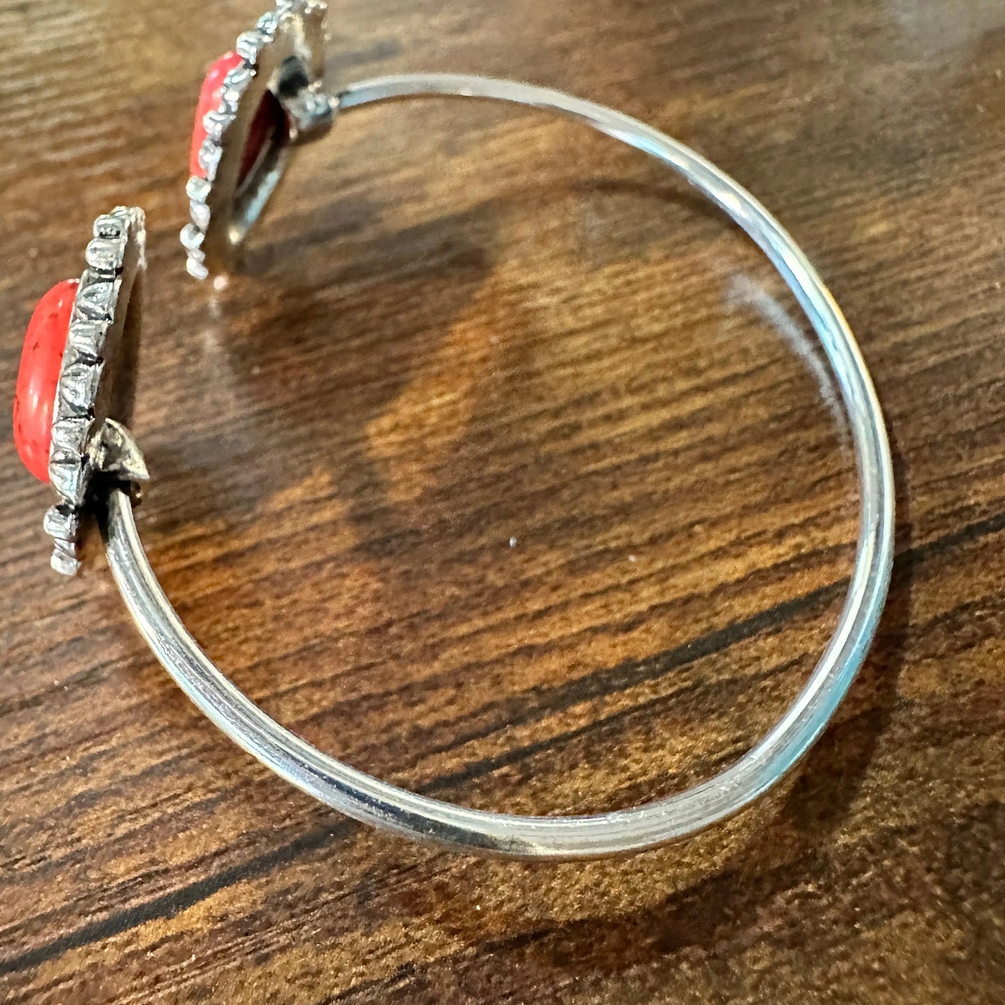 Handcrafted Boho Western Lacey Open Bangle, Yellow or Coral Stone, Gift Box - Silver Elegant
