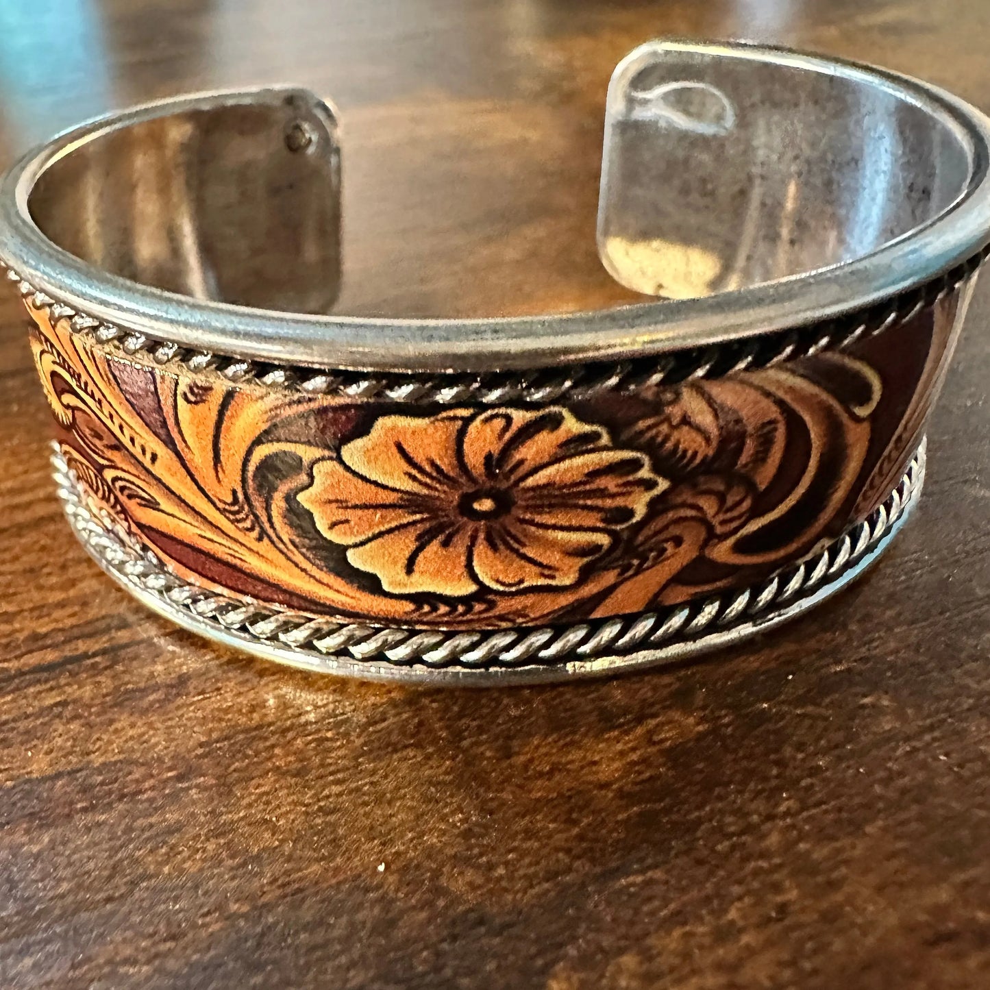 Handcrafted Boho Western Brown Floral Scroll Lace Wide Cuff Bracelet, Gift Box - Silver Elegant