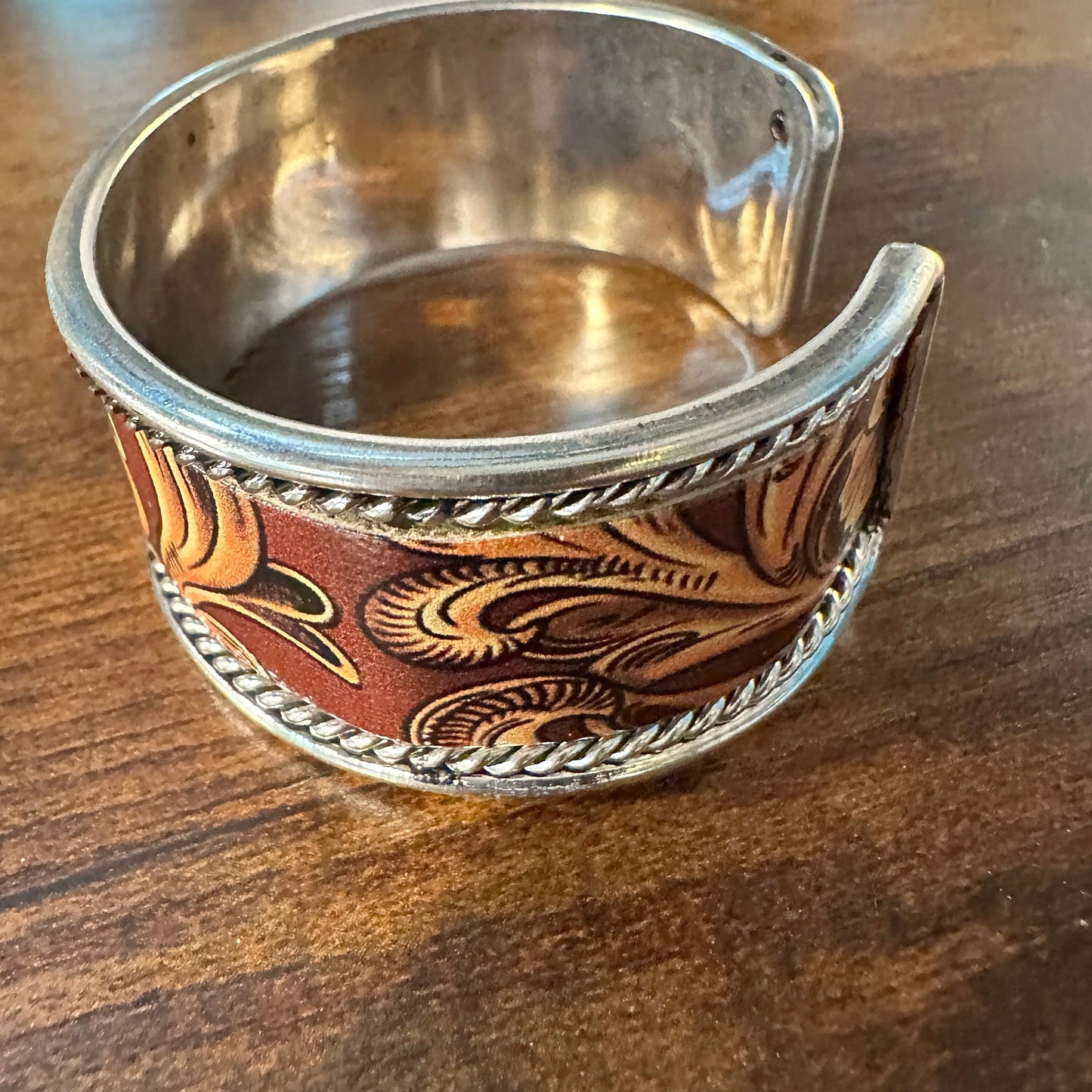Handcrafted Boho Western Brown Floral Scroll Lace Wide Cuff Bracelet, Gift Box - Silver Elegant