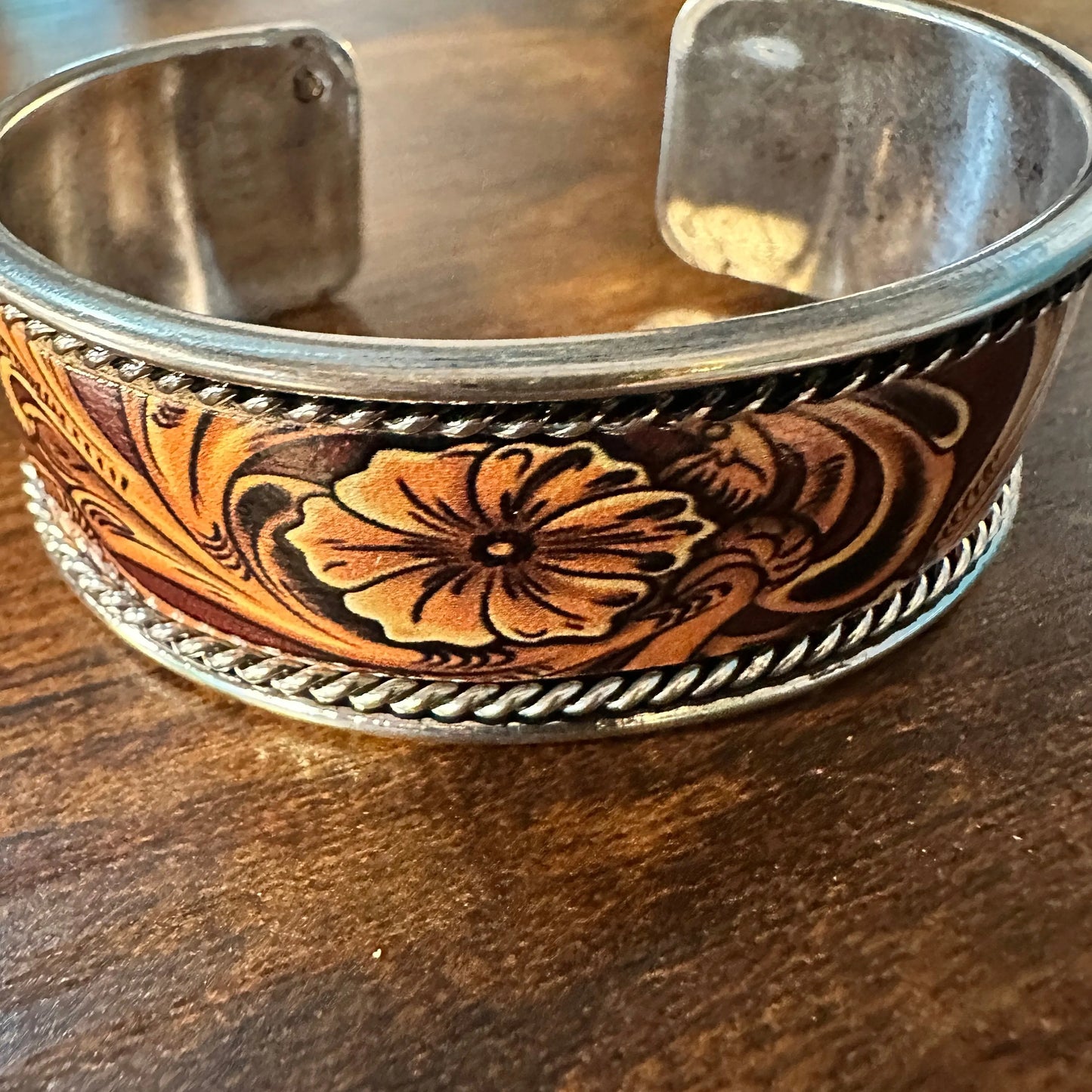 Handcrafted Boho Western Brown Floral Scroll Lace Wide Cuff Bracelet, Gift Box - Silver Elegant