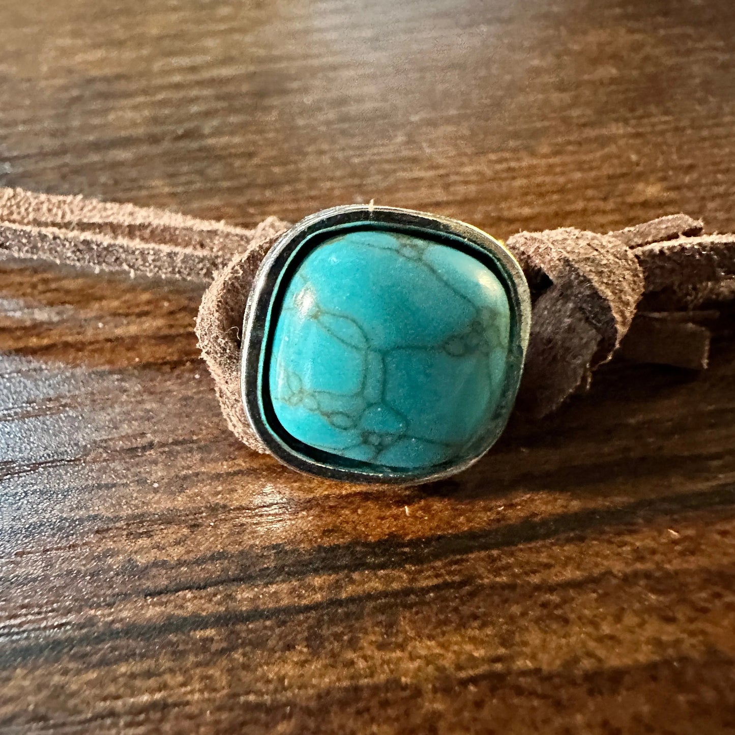 Boho Western Leather Cord Cowgirl Choker Necklace, Brown Leather Turquoise Stone, Gift Box - Silver Elegant
