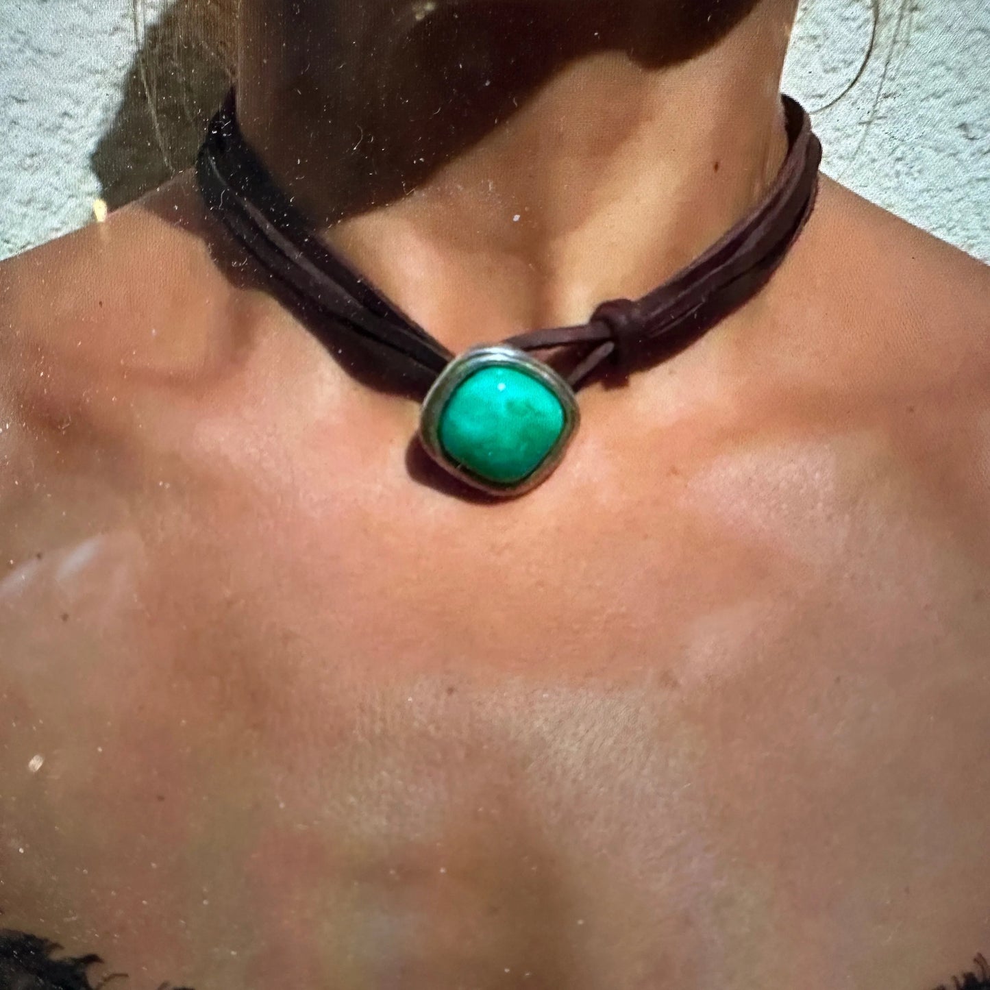 Boho Western Leather Cord Cowgirl Choker Necklace, Brown Leather Turquoise Stone, Gift Box - Silver Elegant