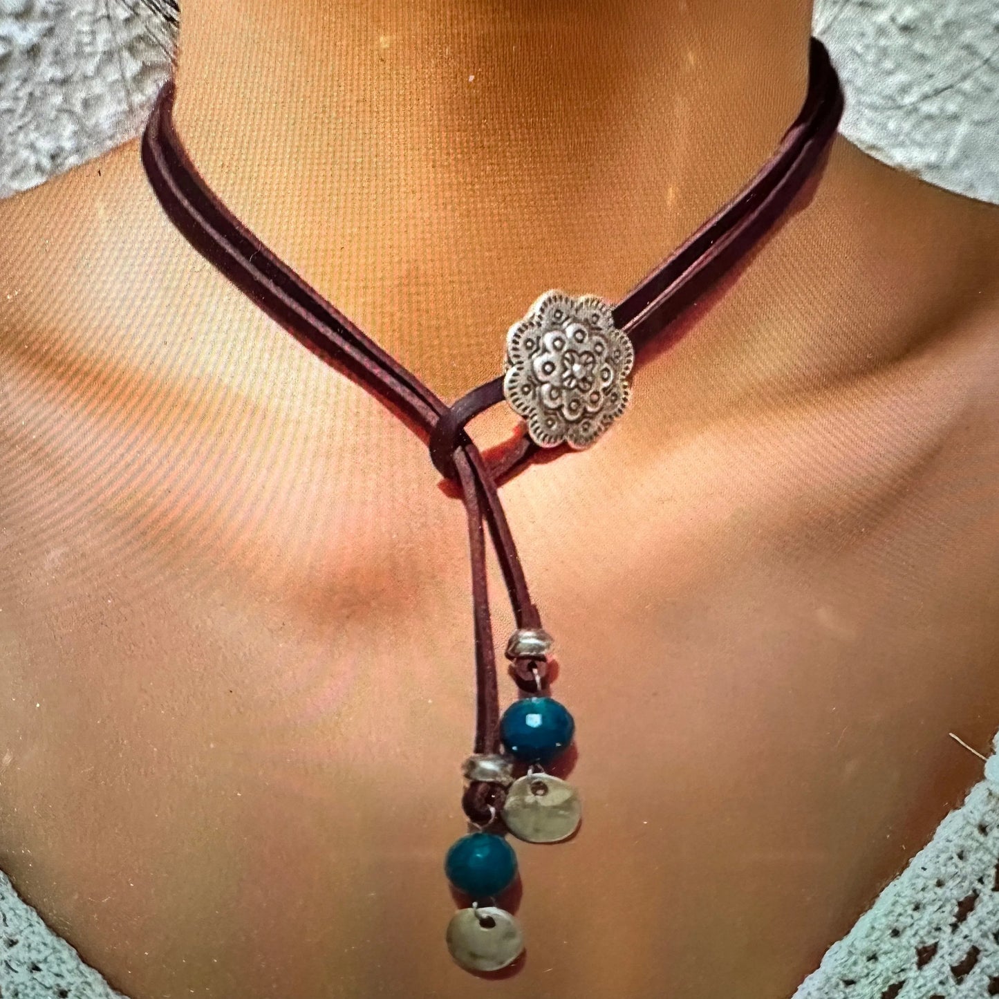 Boho Cowgirl Flower Necklace, Boho Brown Leather Cord Turquoise Stone Necklace, Gift Box - Silver Elegant