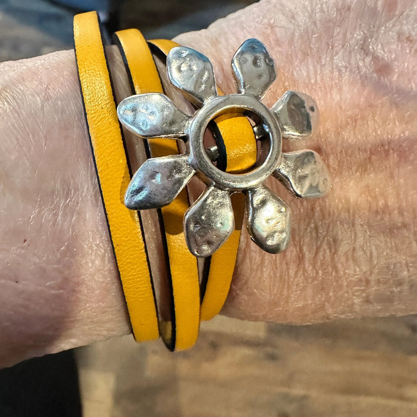 Boho Leather Flower Power Hippie Leather Bracelet, Triple Wrap, Gold or Blue, Gift Box - Silver Elegant