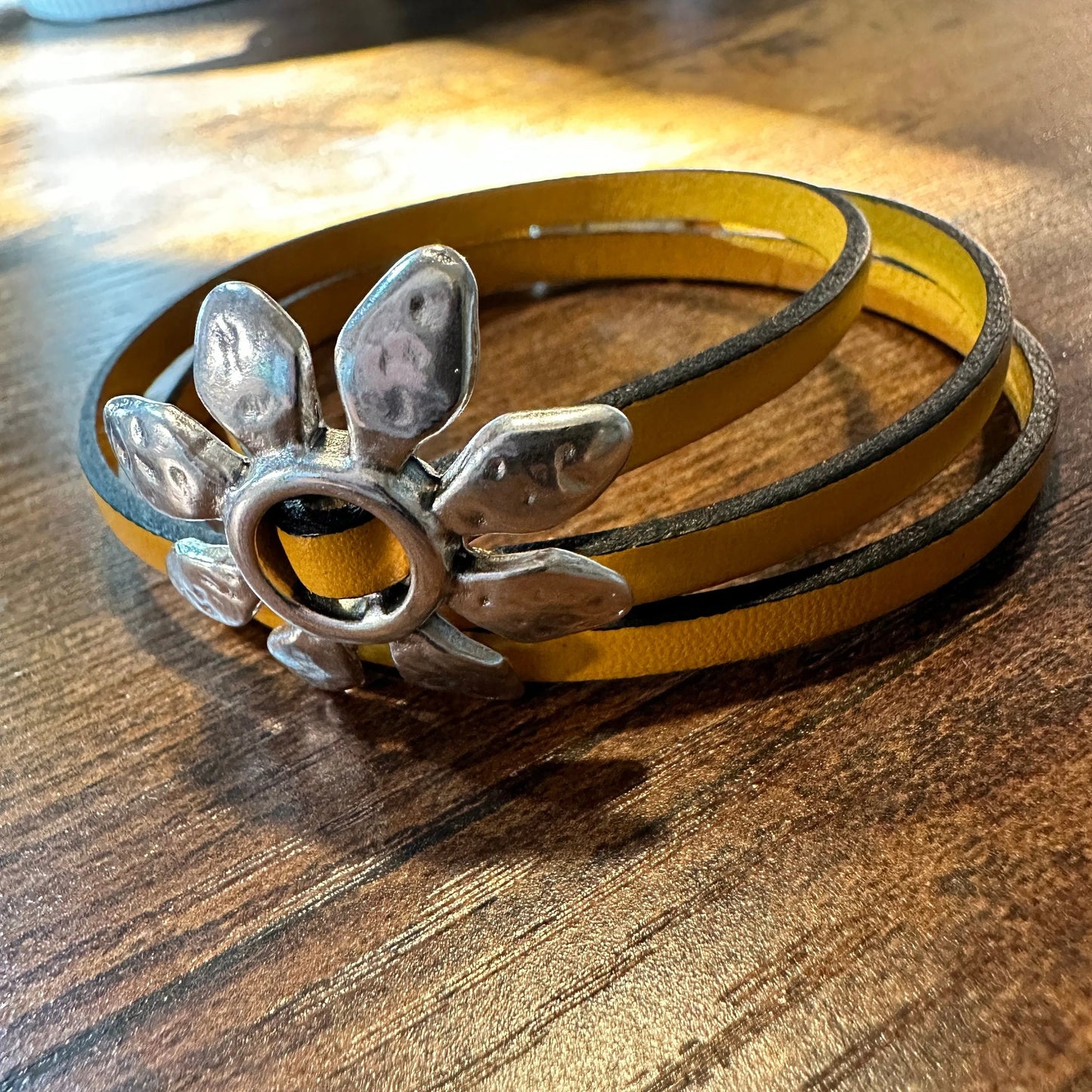 Boho Leather Flower Power Hippie Leather Bracelet, Triple Wrap, Gold or Blue, Gift Box - Silver Elegant