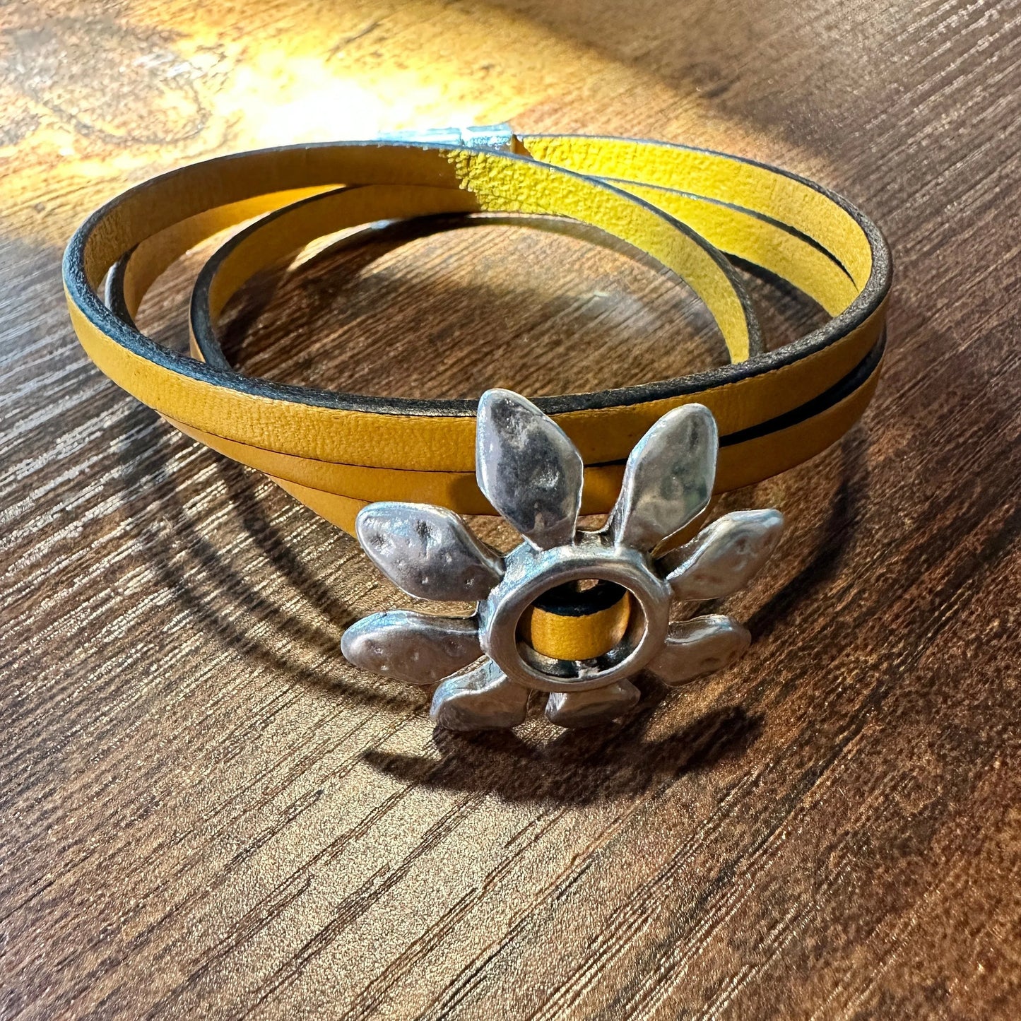 Boho Leather Flower Power Hippie Leather Bracelet, Triple Wrap, Gold or Blue, Gift Box - Silver Elegant