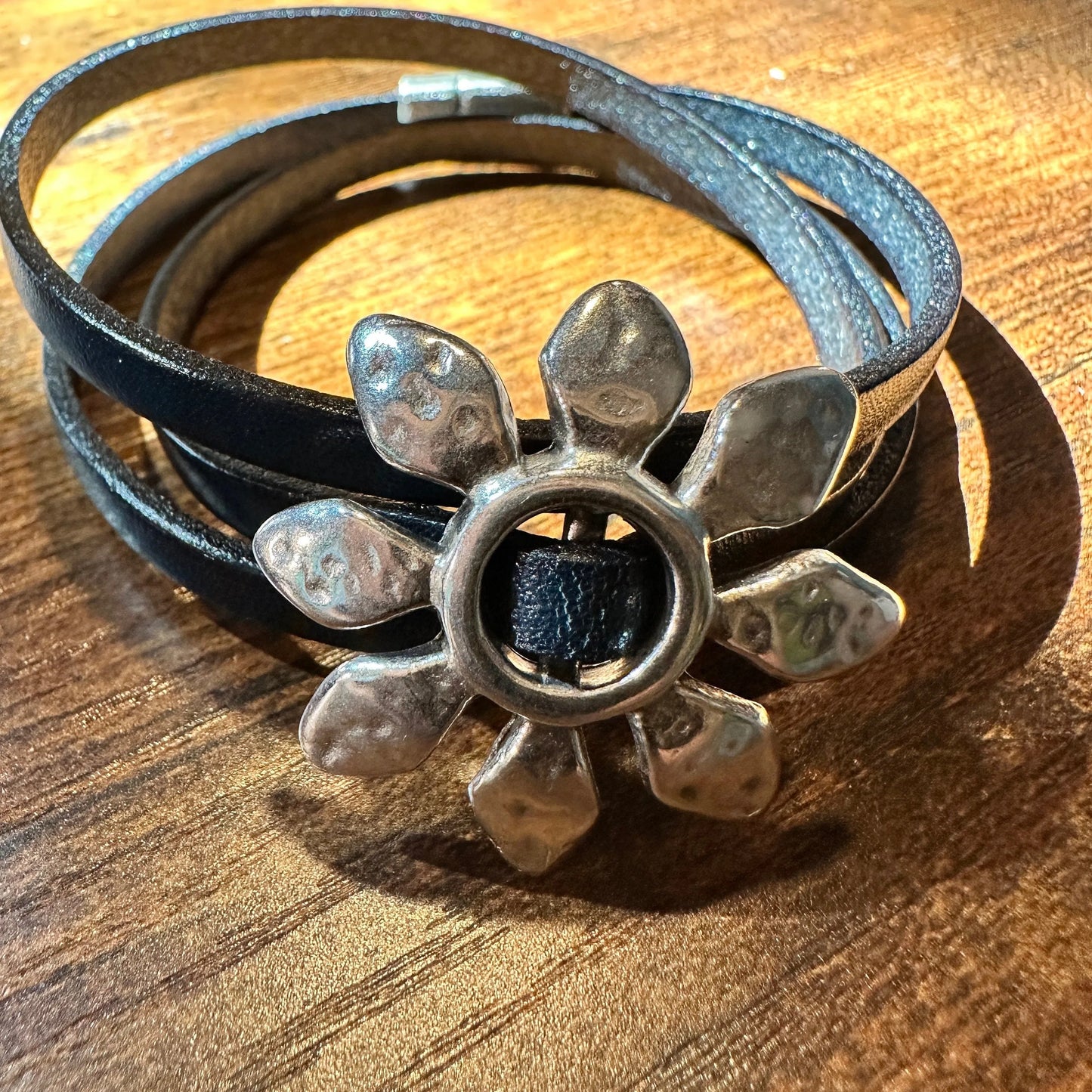 Boho Leather Flower Power Hippie Leather Bracelet, Triple Wrap, Gold or Blue, Gift Box - Silver Elegant