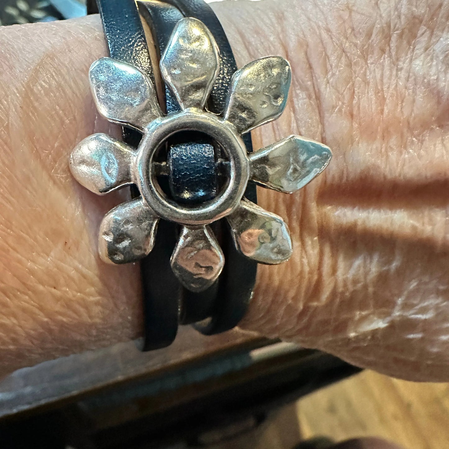 Boho Leather Flower Power Hippie Leather Bracelet, Triple Wrap, Gold or Blue, Gift Box - Silver Elegant