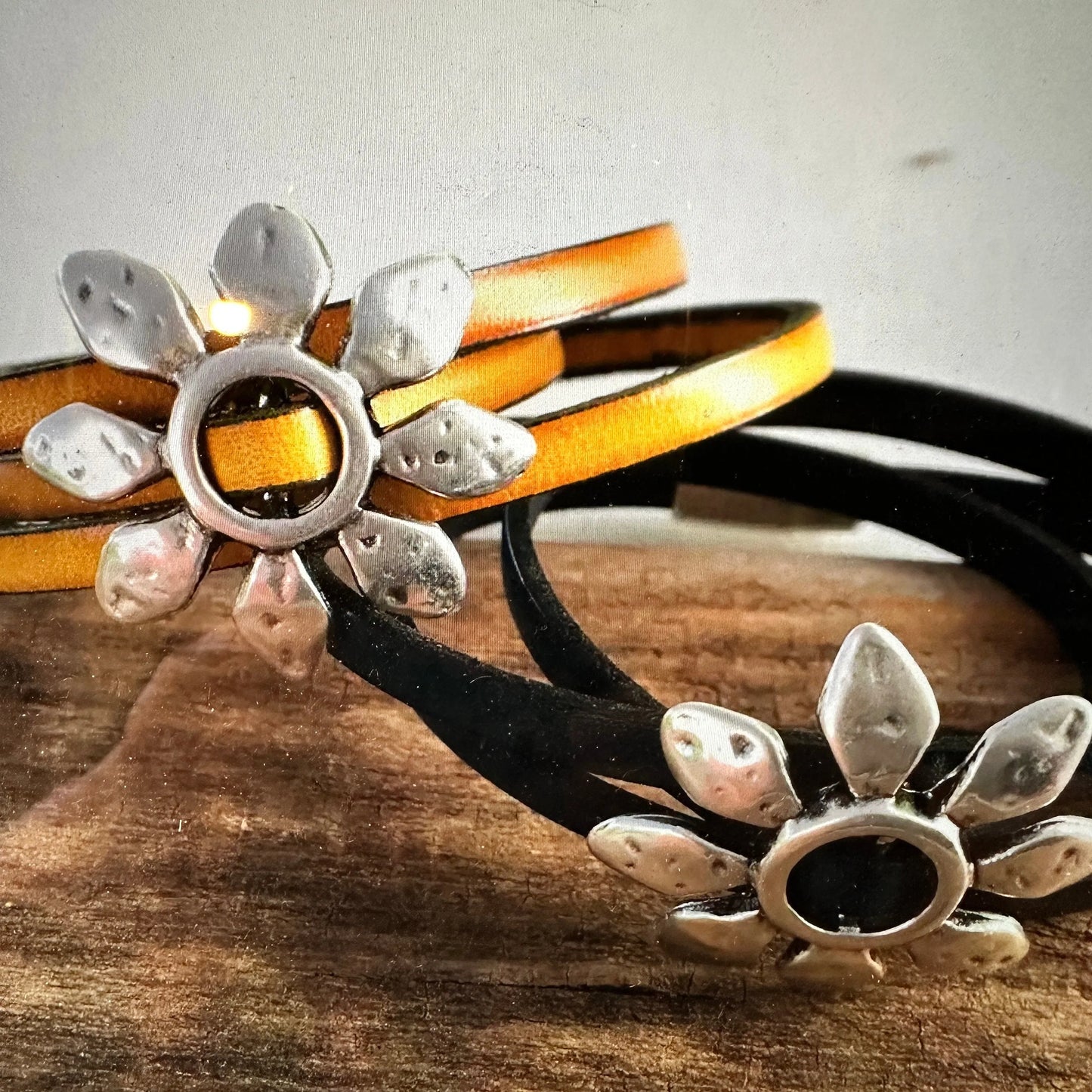 Boho Leather Flower Power Hippie Leather Bracelet, Triple Wrap, Gold or Blue, Gift Box - Silver Elegant