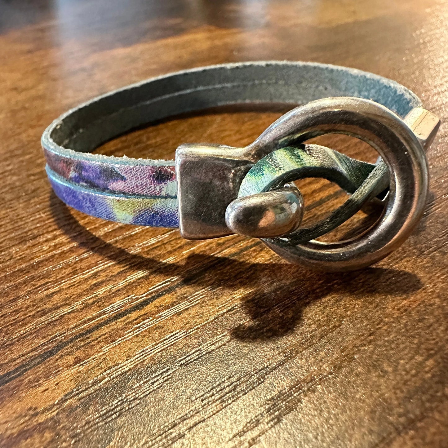 Leather Watercolor Teal Hippie Bracelet, Double Wrap, Belt Buckle Silver Clasp, Teal Leather Bracelet, Handcrafted Bohemian Hippie Jewelry - Silver Elegant