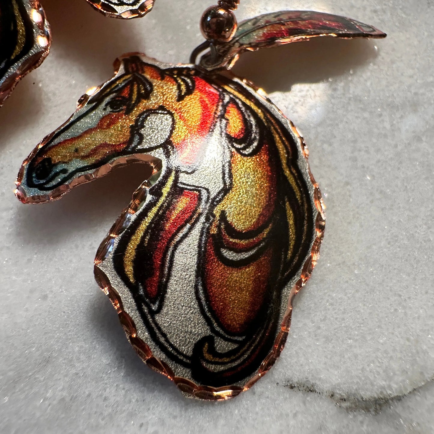 Handmade Boho Copper Feather Estuarian Horse Wire Drop Earrings, Gift Box - Silver Elegant