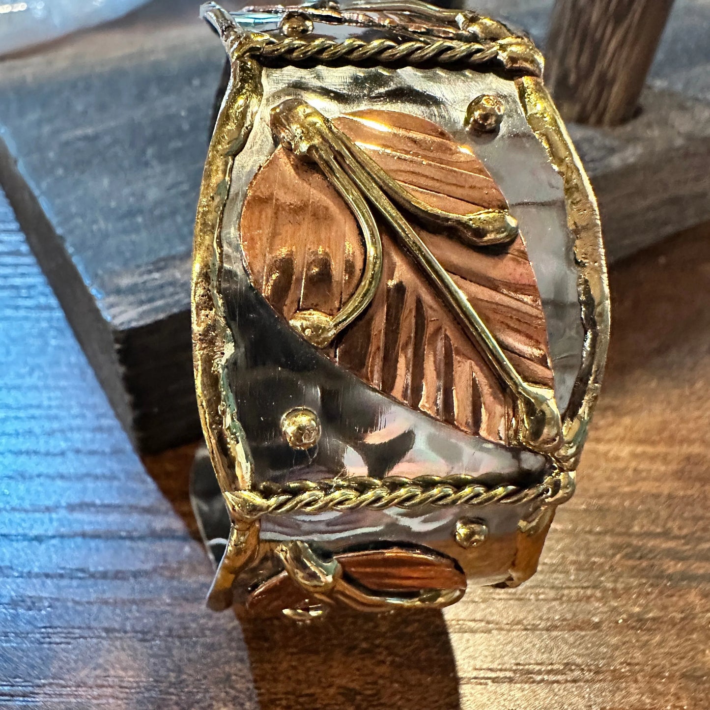 Handmade Boho Chic Copper Leaf Wide Cuff Nature Bracelet, Gift Box - Silver Elegant