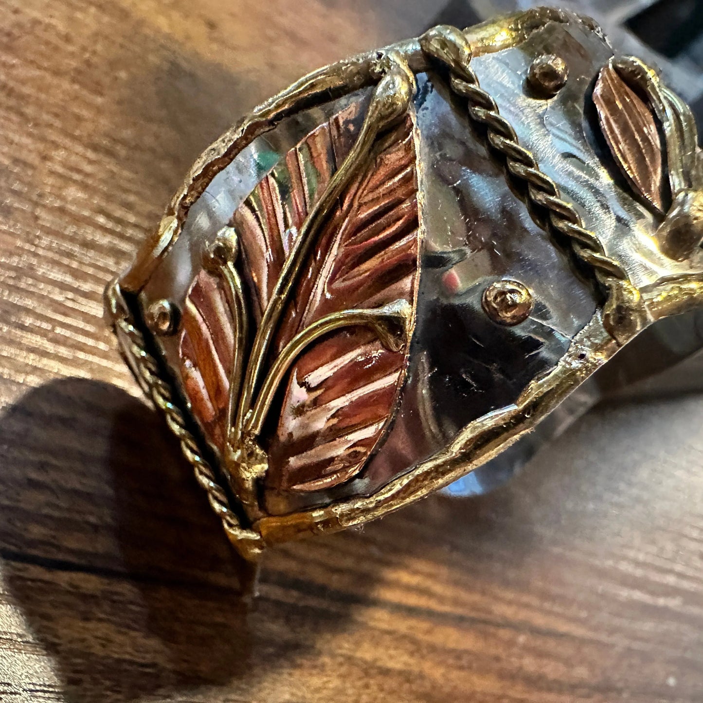 Handmade Boho Chic Copper Leaf Wide Cuff Nature Bracelet, Gift Box - Silver Elegant