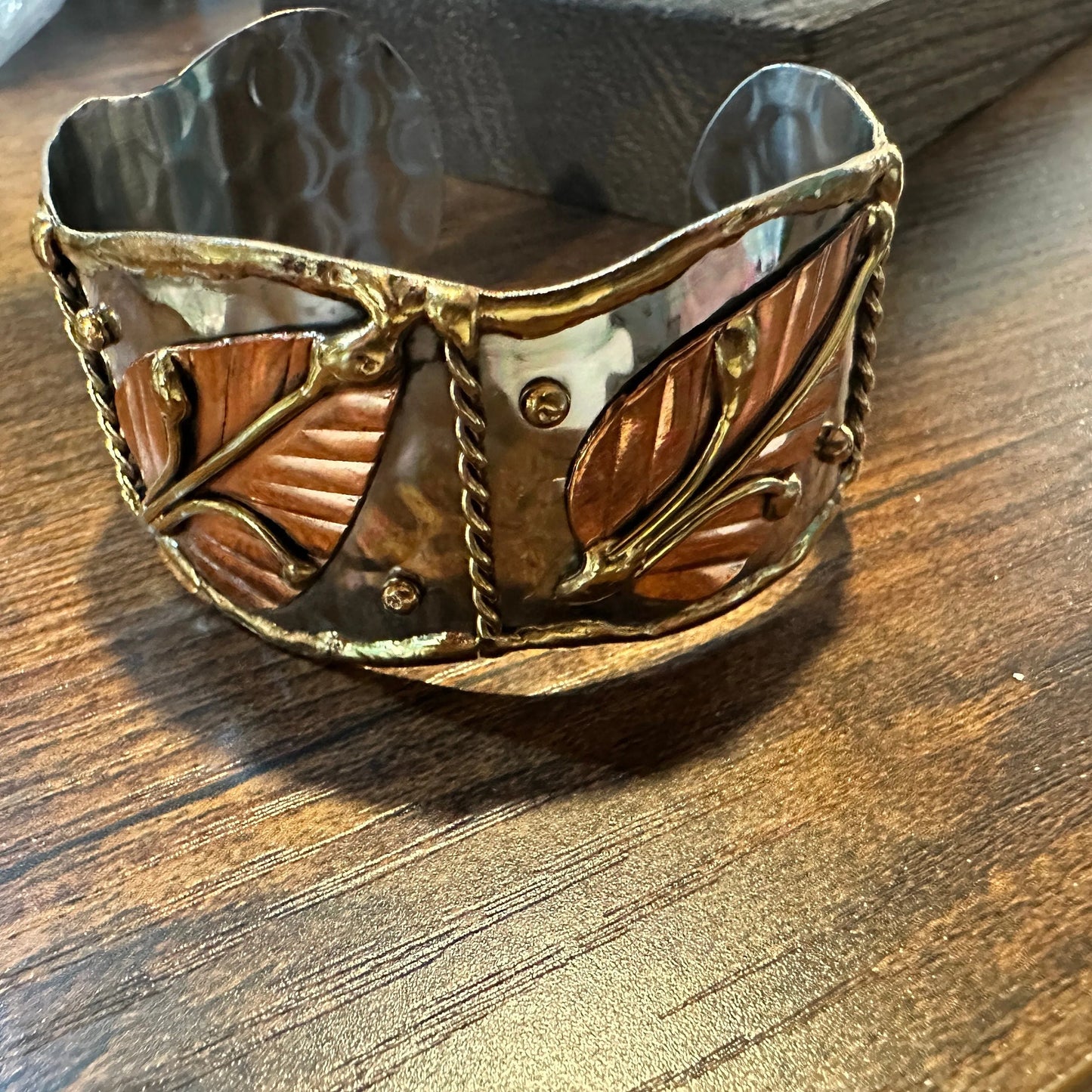 Handmade Boho Chic Copper Leaf Wide Cuff Nature Bracelet, Gift Box - Silver Elegant