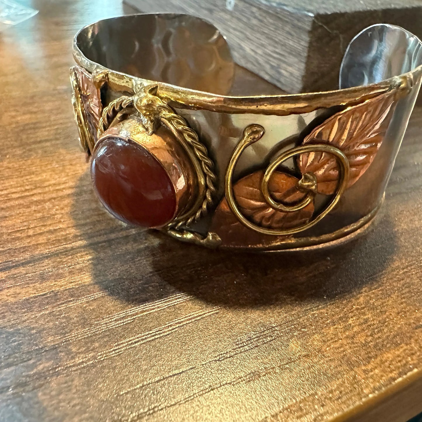 Handmade Boho Chic Pounded Silver Copper Scroll, Red Agate Stone Bracelet, Gift Box - Silver Elegant