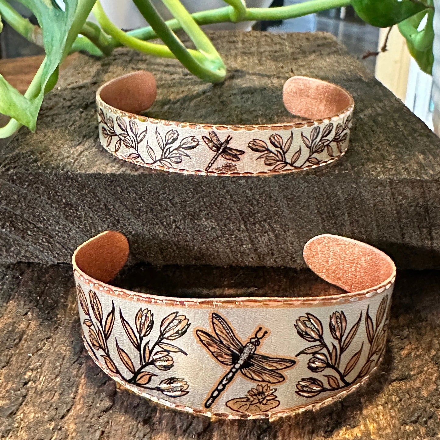 Handmade Boho Western Copper Dragonfly Floral Cuff Bracelets, Pick Your Style, Gift Box - Silver Elegant