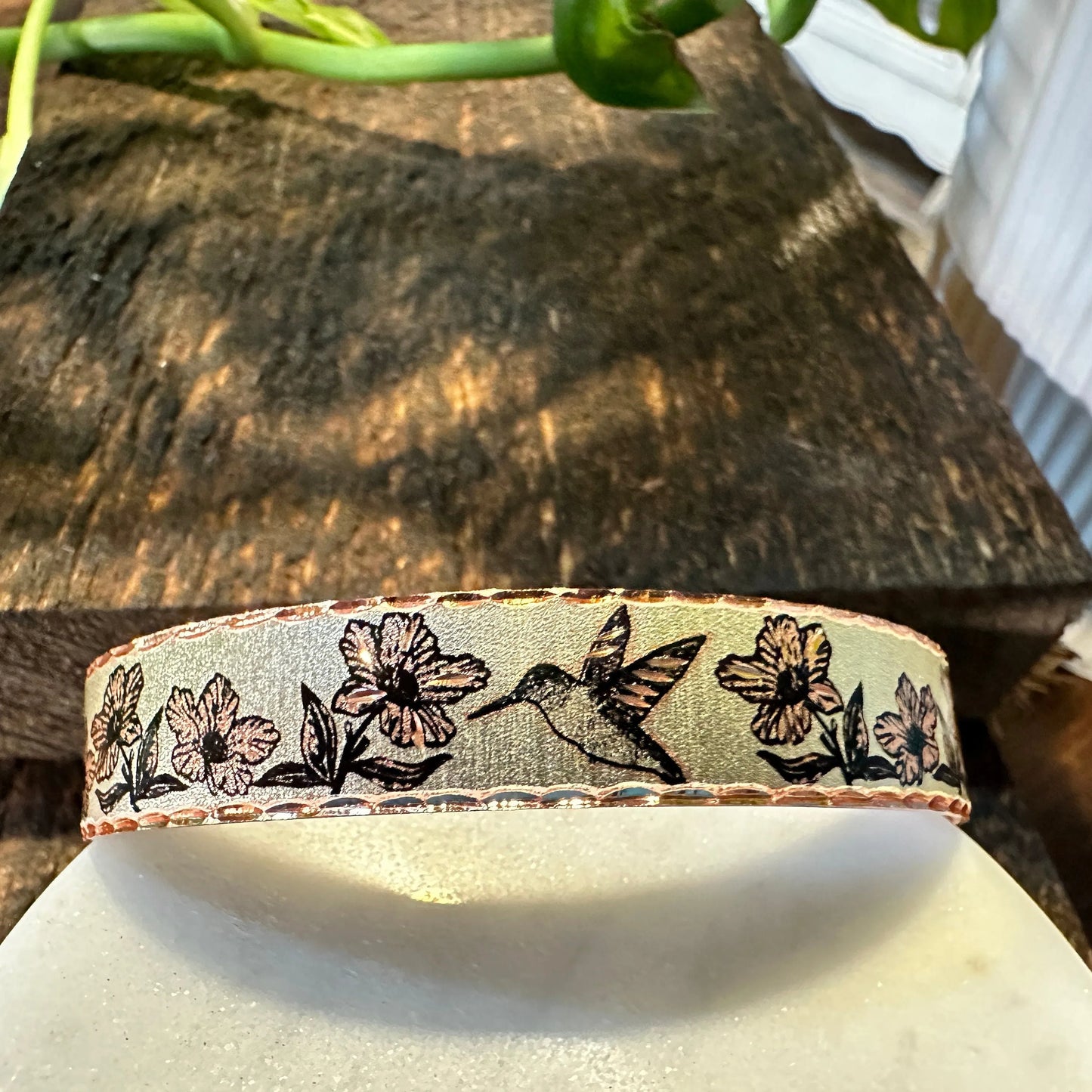 Handmade Boho Copper Floral Hummingbird Design Narrow Cuff Bracelet, Gift Box - Silver Elegant