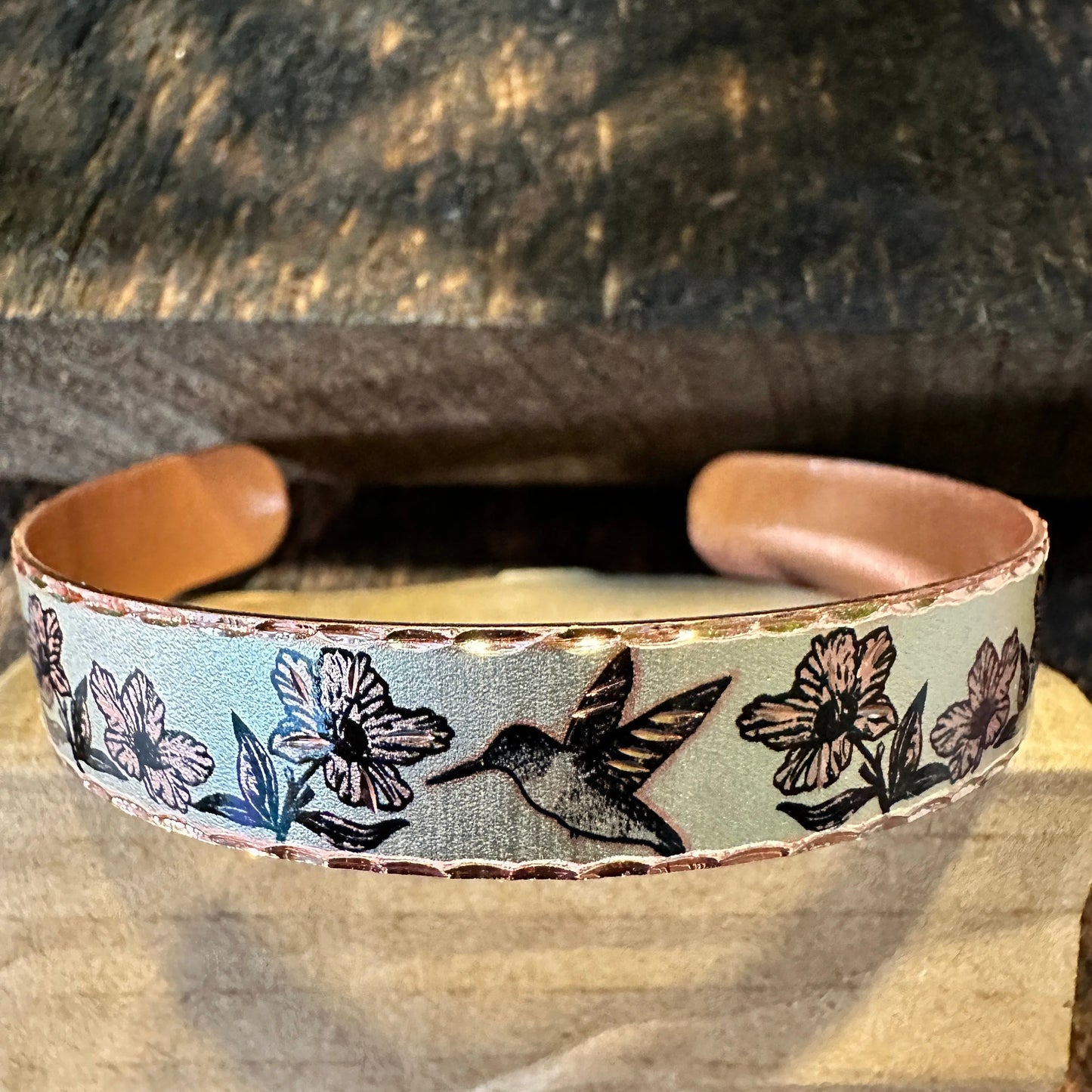 Handmade Boho Copper Floral Hummingbird Design Narrow Cuff Bracelet, Gift Box - Silver Elegant