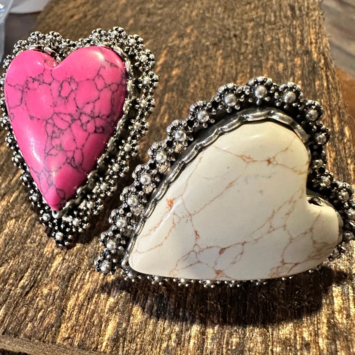 Statement Heart Cuff Ring, Oversized Western Heart Ring, Statement Ring, Adjustable Ring - Boho Hippie Pink, White, Turquoise, Gift Box - Silver Elegant