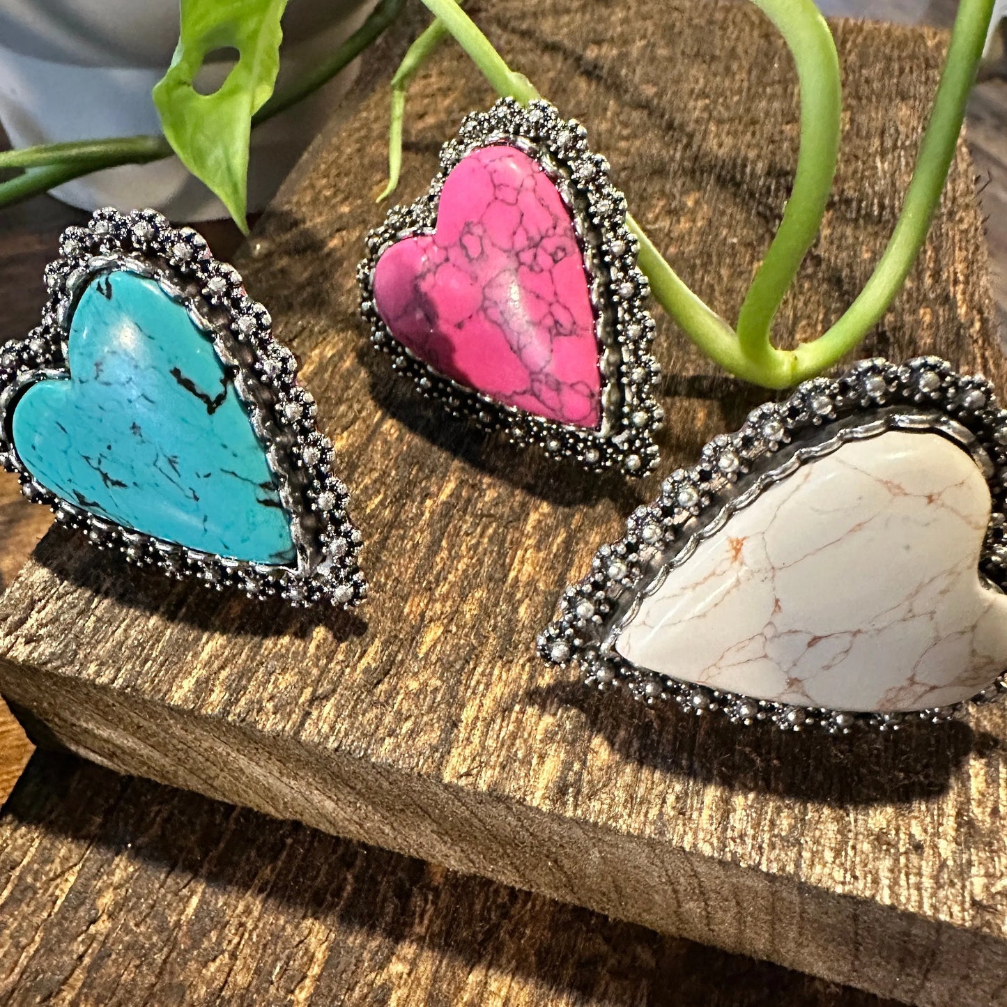 Statement Heart Cuff Ring, Oversized Western Heart Ring, Statement Ring, Adjustable Ring - Boho Hippie Pink, White, Turquoise, Gift Box - Silver Elegant