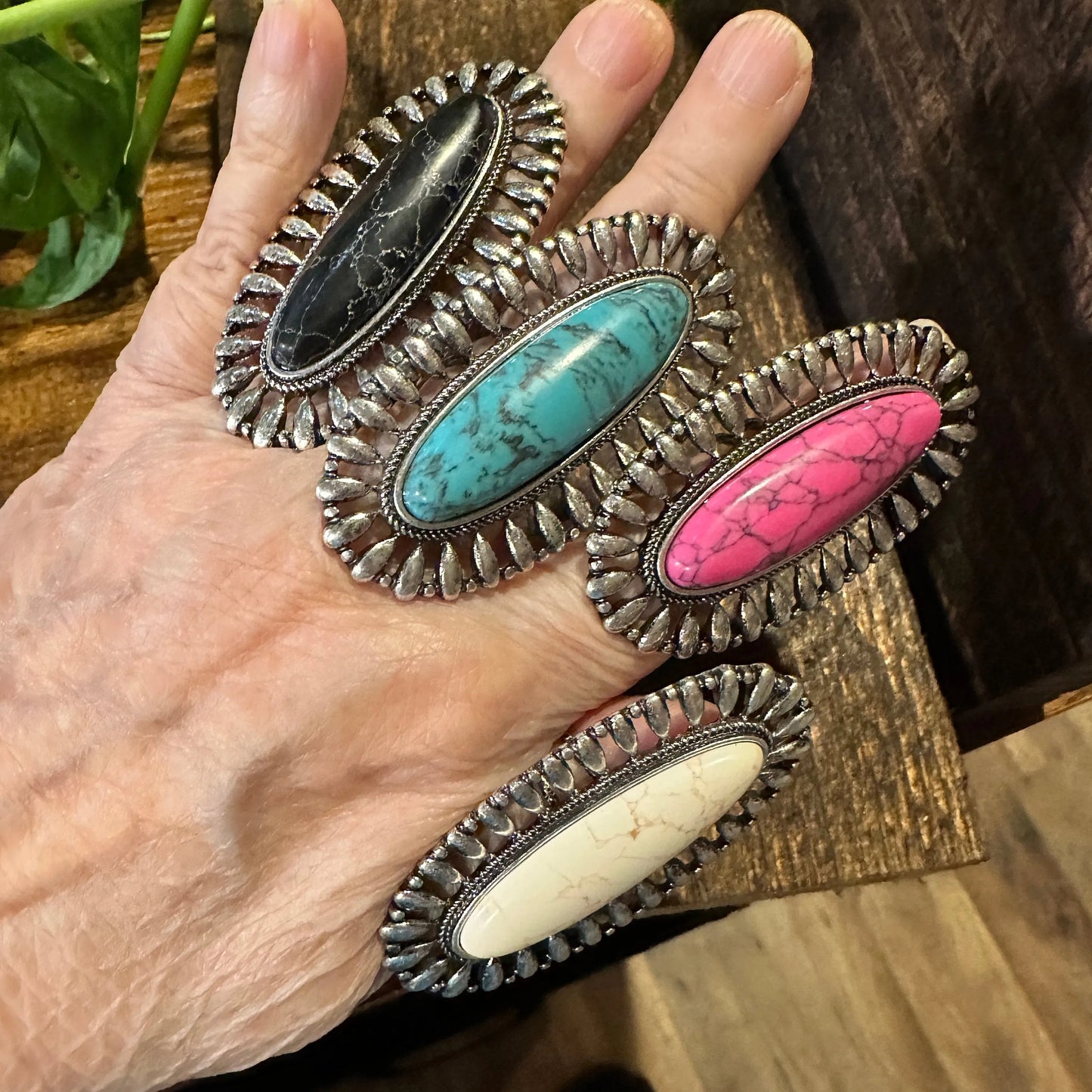 Statement Oval Cuff Ring, Oversized Western Oval Ring, Statement Ring, Adjustable Ring - Boho Hippie Pink, White, Black, Gift Box - Silver Elegant