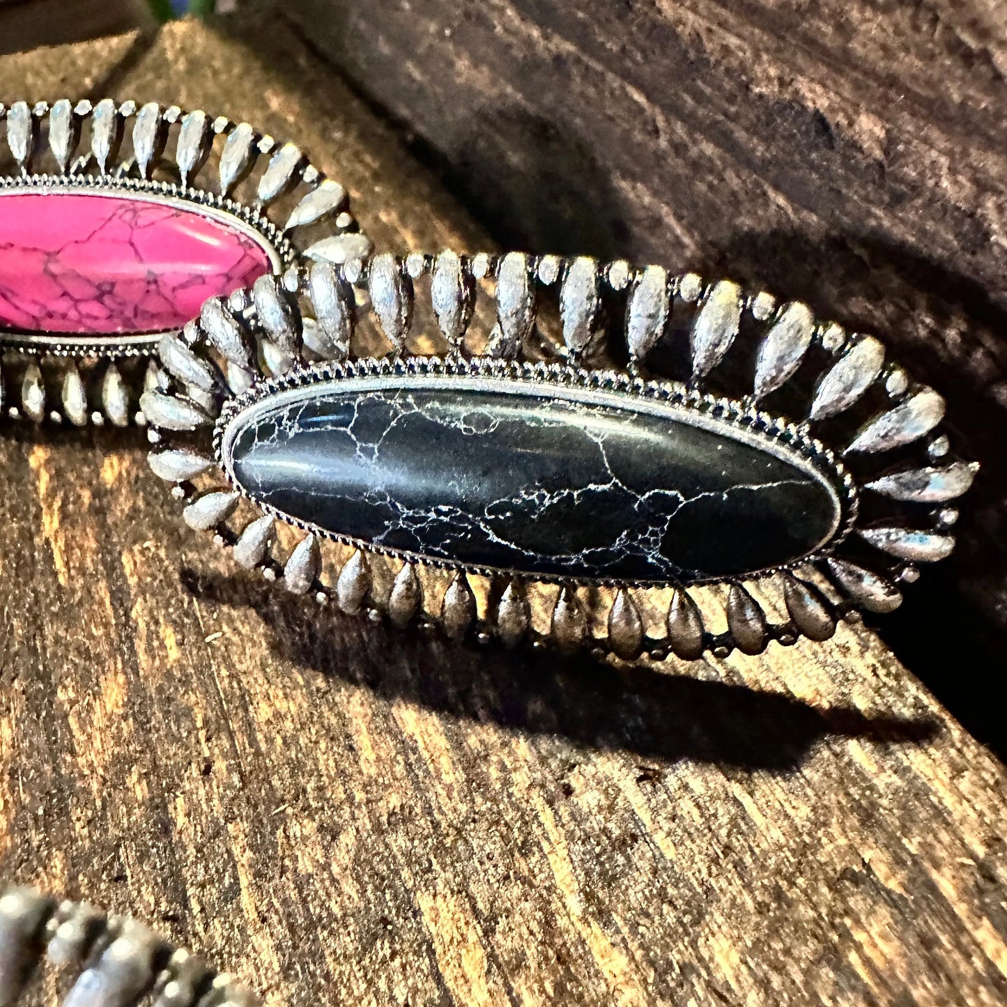 Statement Oval Cuff Ring, Oversized Western Oval Ring, Statement Ring, Adjustable Ring - Boho Hippie Pink, White, Black, Gift Box - Silver Elegant