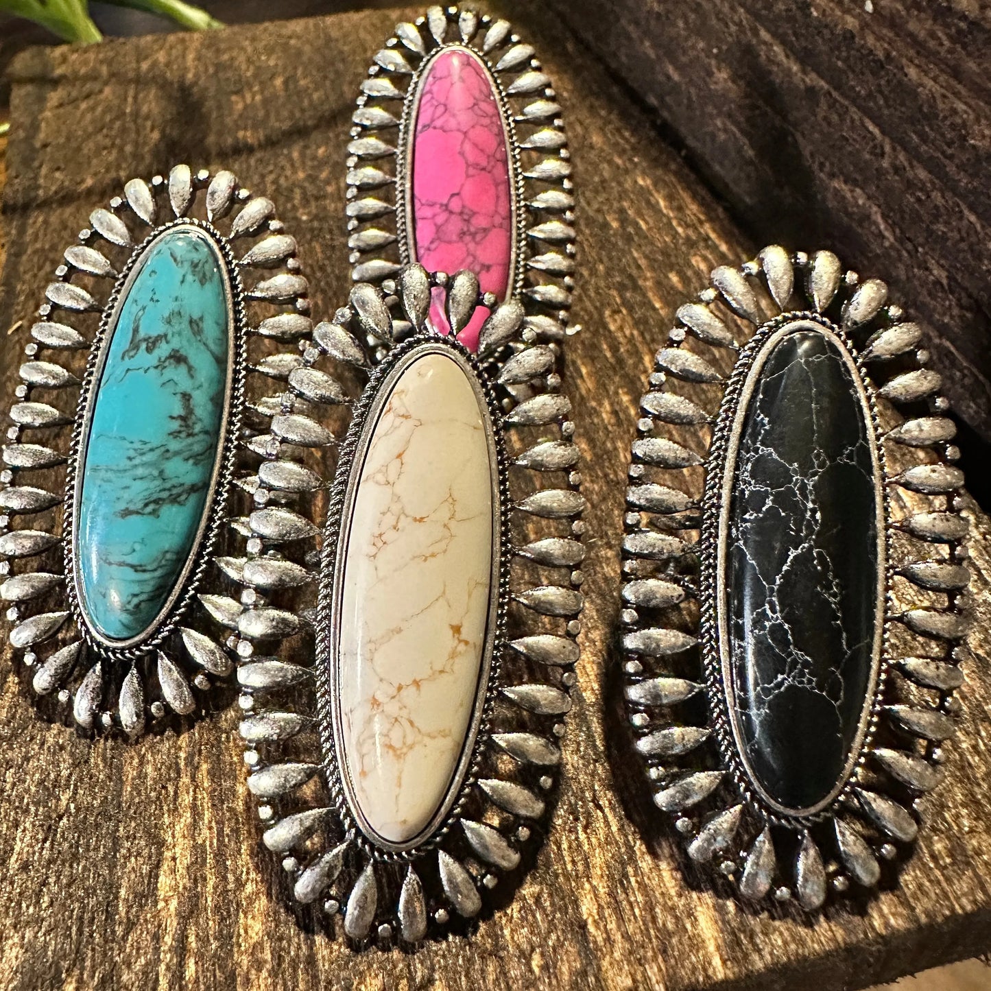 Statement Oval Cuff Ring, Oversized Western Oval Ring, Statement Ring, Adjustable Ring - Boho Hippie Pink, White, Black, Gift Box - Silver Elegant