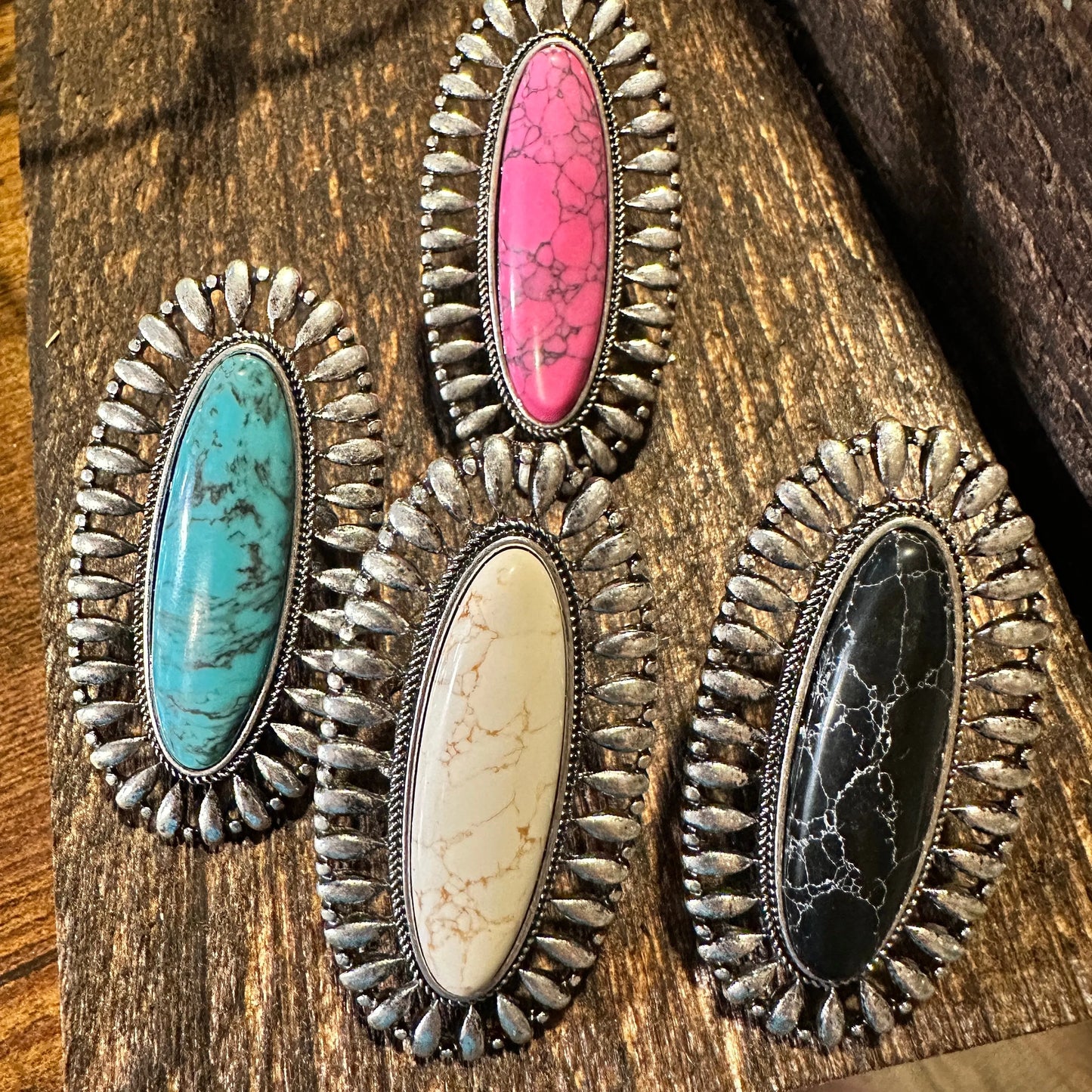 Statement Oval Cuff Ring, Oversized Western Oval Ring, Statement Ring, Adjustable Ring - Boho Hippie Pink, White, Black, Gift Box - Silver Elegant