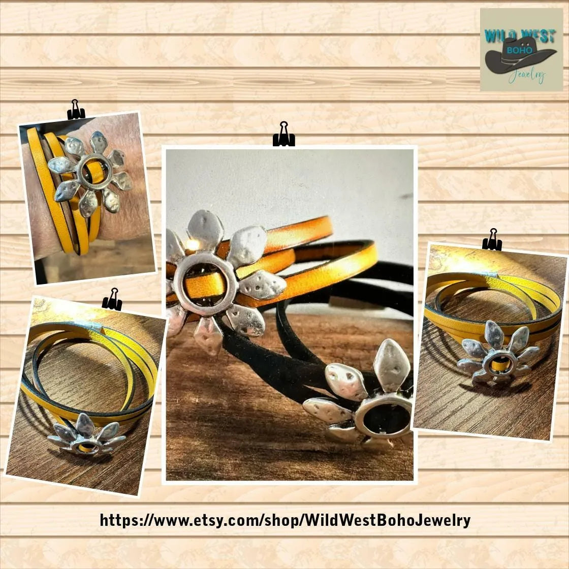 Boho Leather Flower Power Hippie Leather Bracelet, Triple Wrap, Gold or Blue, Gift Box - Silver Elegant