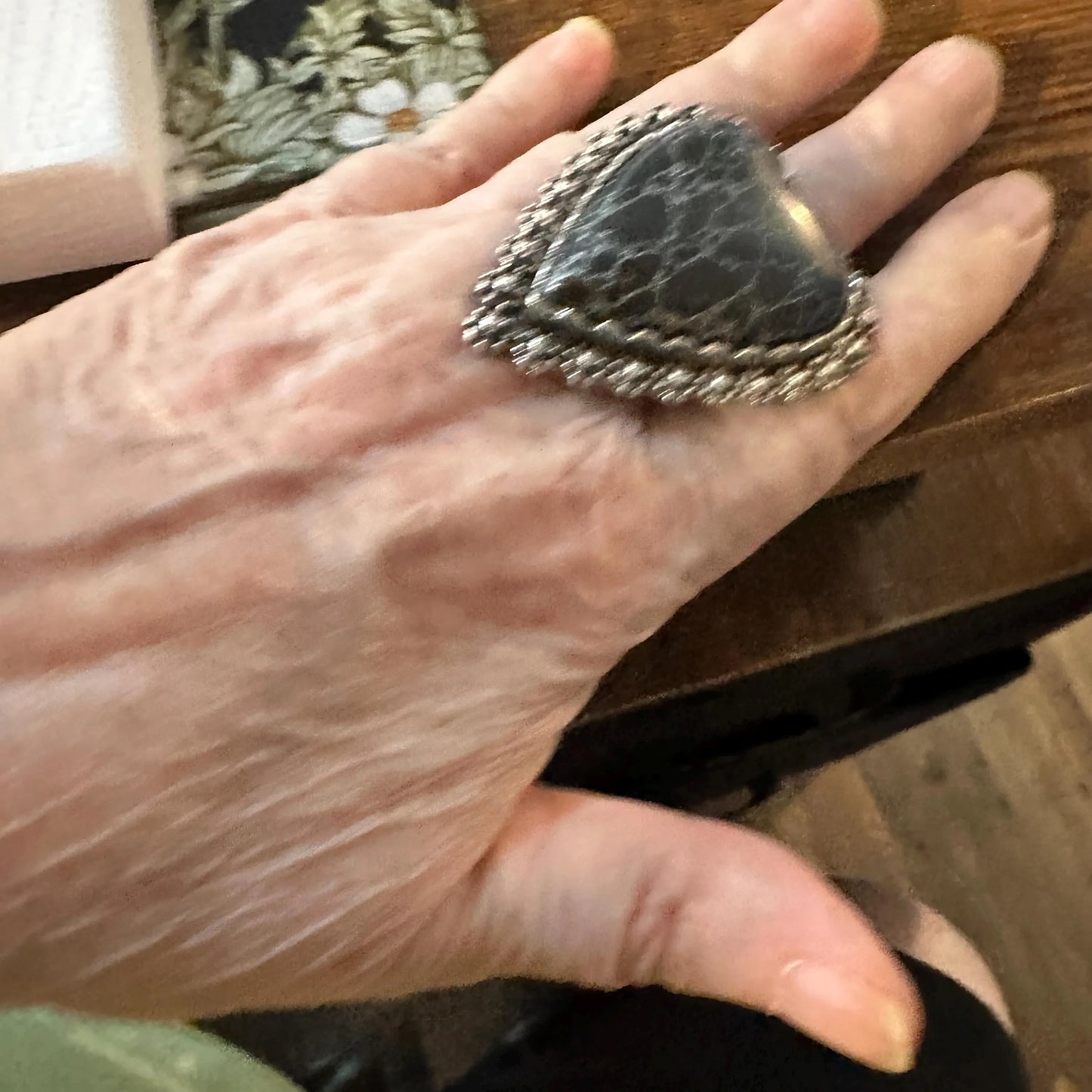 Statement Black Onyx Heart Cuff Ring, Oversized Western Heart Ring, Statement Ring, Adjustable Ring - Boho Hippie Black Onyx Ring, Gift Box - Silver Elegant
