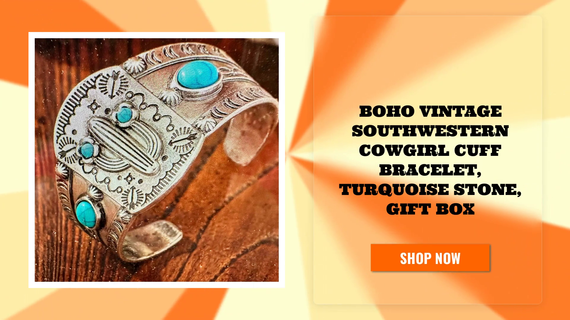 Boho Vintage SouthWestern Cowgirl Cuff Bracelet, Turquoise Stone, Gift Box by@Outfy