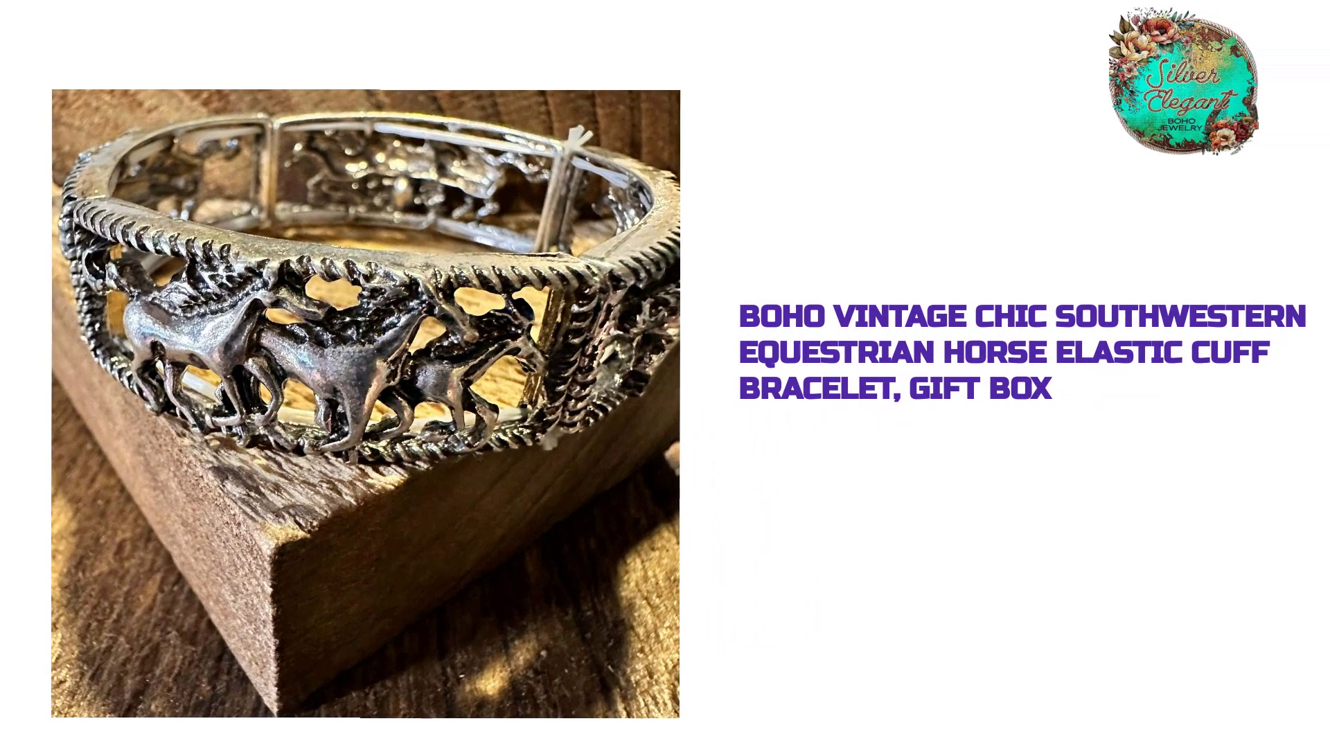 Boho Vintage Chic Southwestern Equestrian Horse Elastic Cuff Bracelet, Gift Box by@Outfy