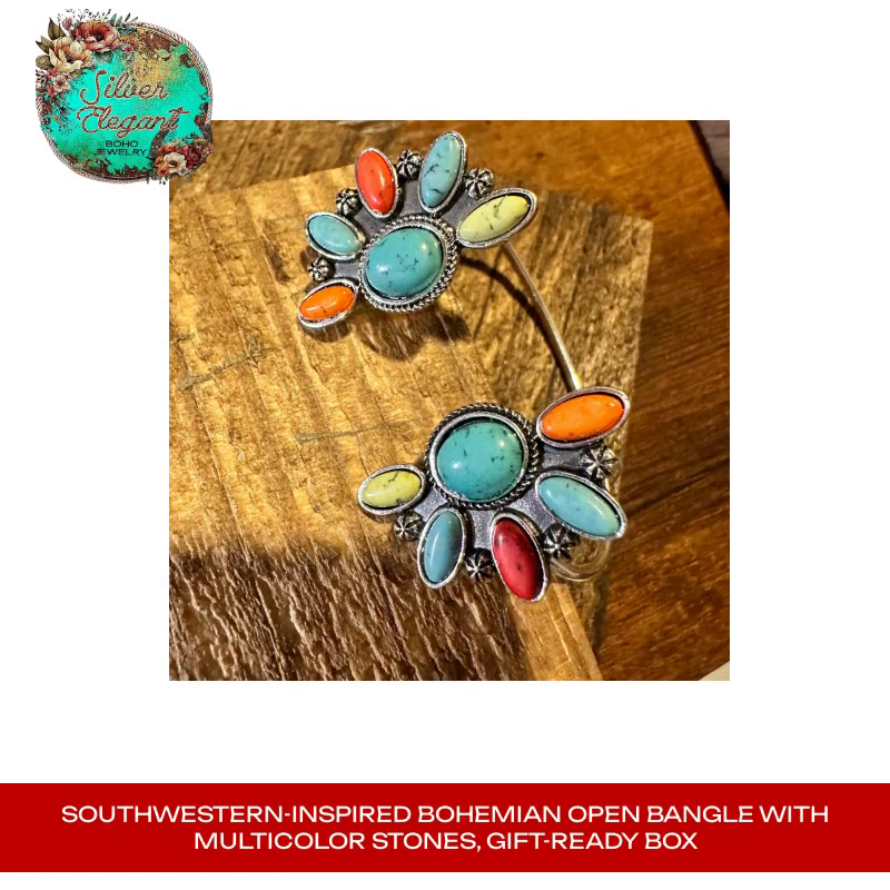 Southwestern-Inspired Bohemian Open Bangle with Multicolor Stones, Gift-Ready Box by@Outfy