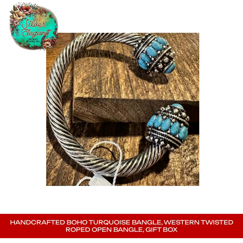 Handcrafted Boho Turquoise Bangle, Western Twisted Roped Open Bangle, Gift Box by@Outfy